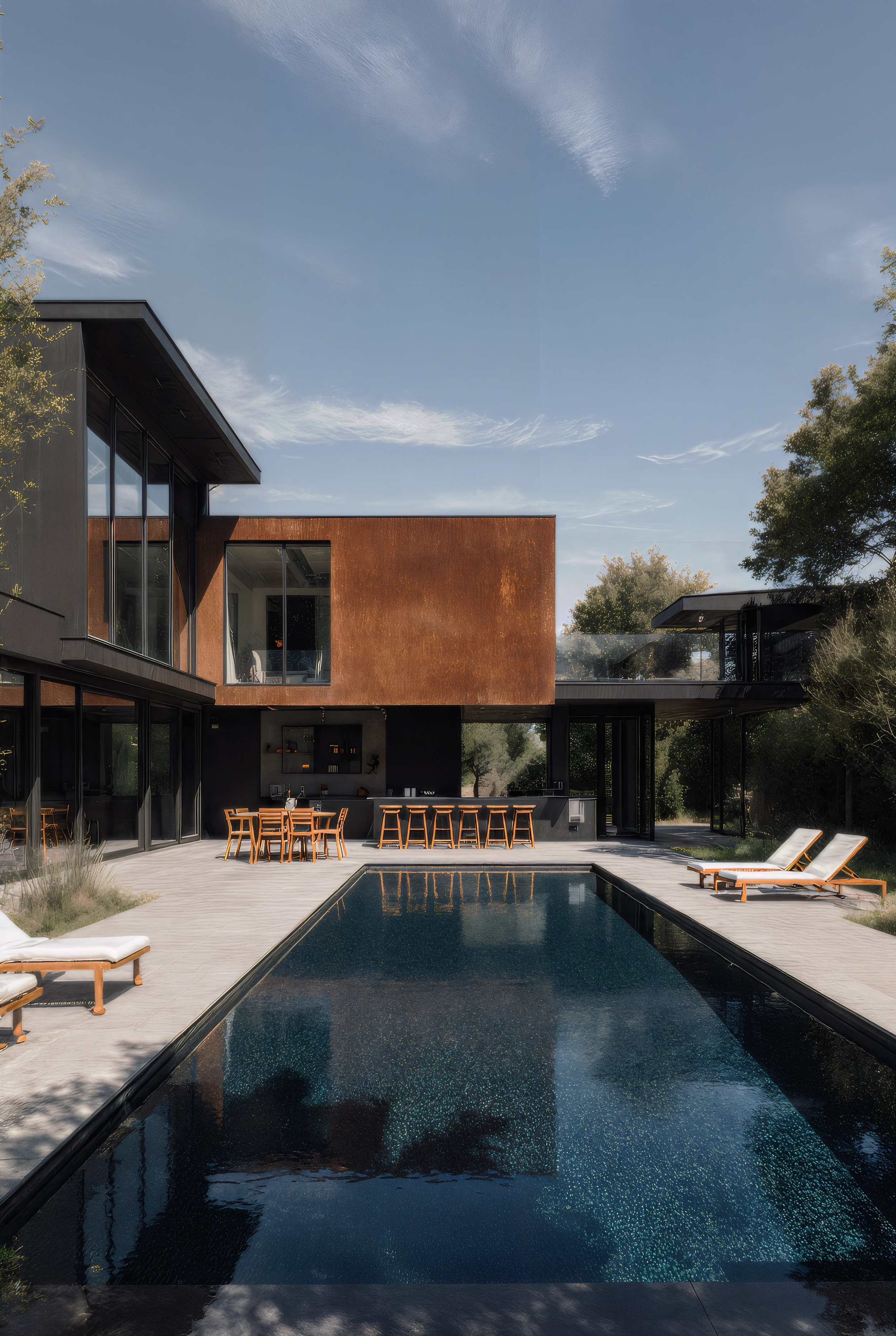 Exterior of a modern steel-and-wood residence with a long reflective pool under a clear sky.