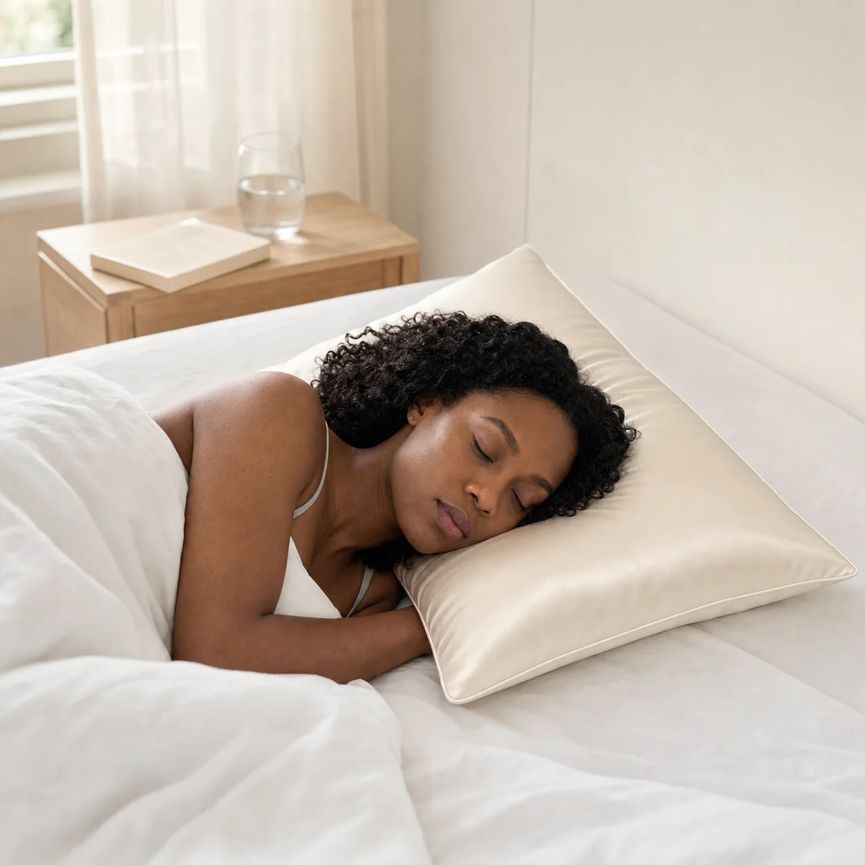 Amara sleeping on the Ivory pillowcase in soft daylight