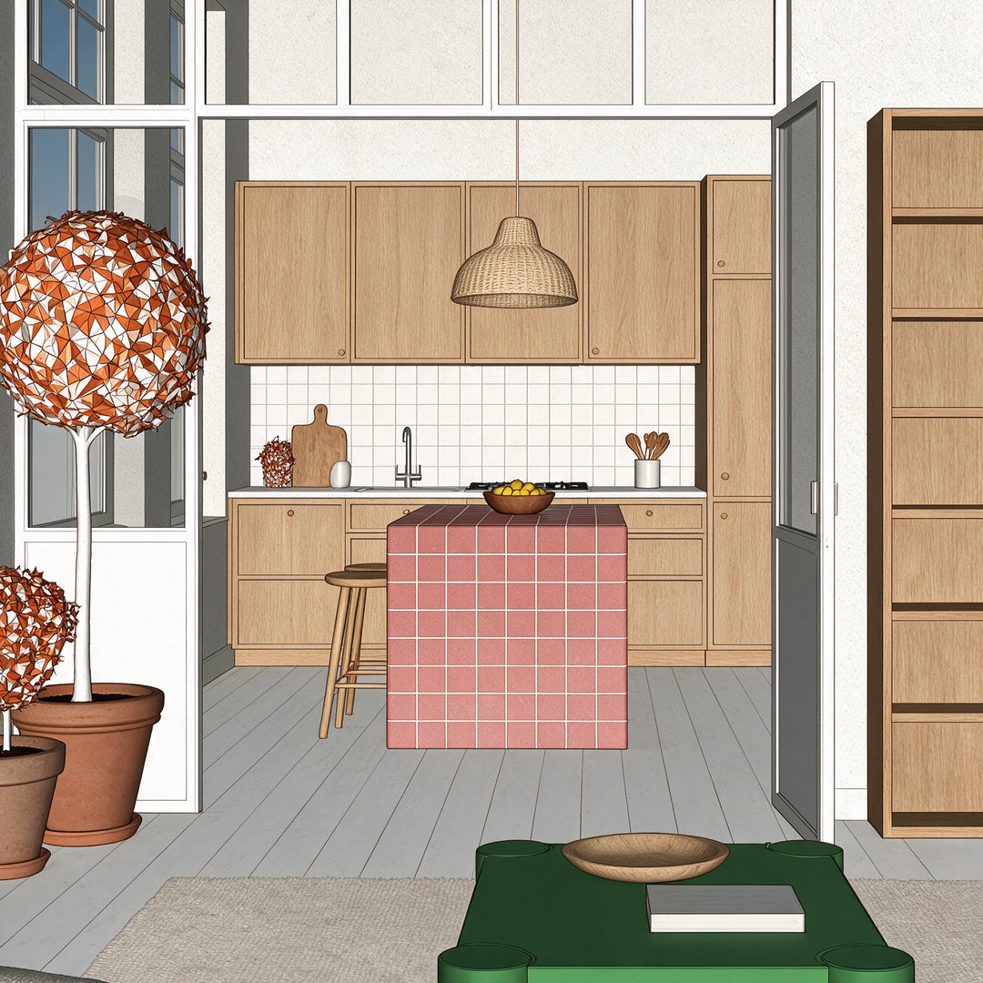 Print do SketchUp da mesma cozinha, sem render