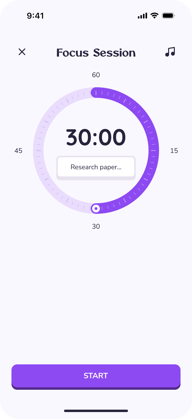 Original purple circular focus timer with remaining time, progress ticks and the current task
