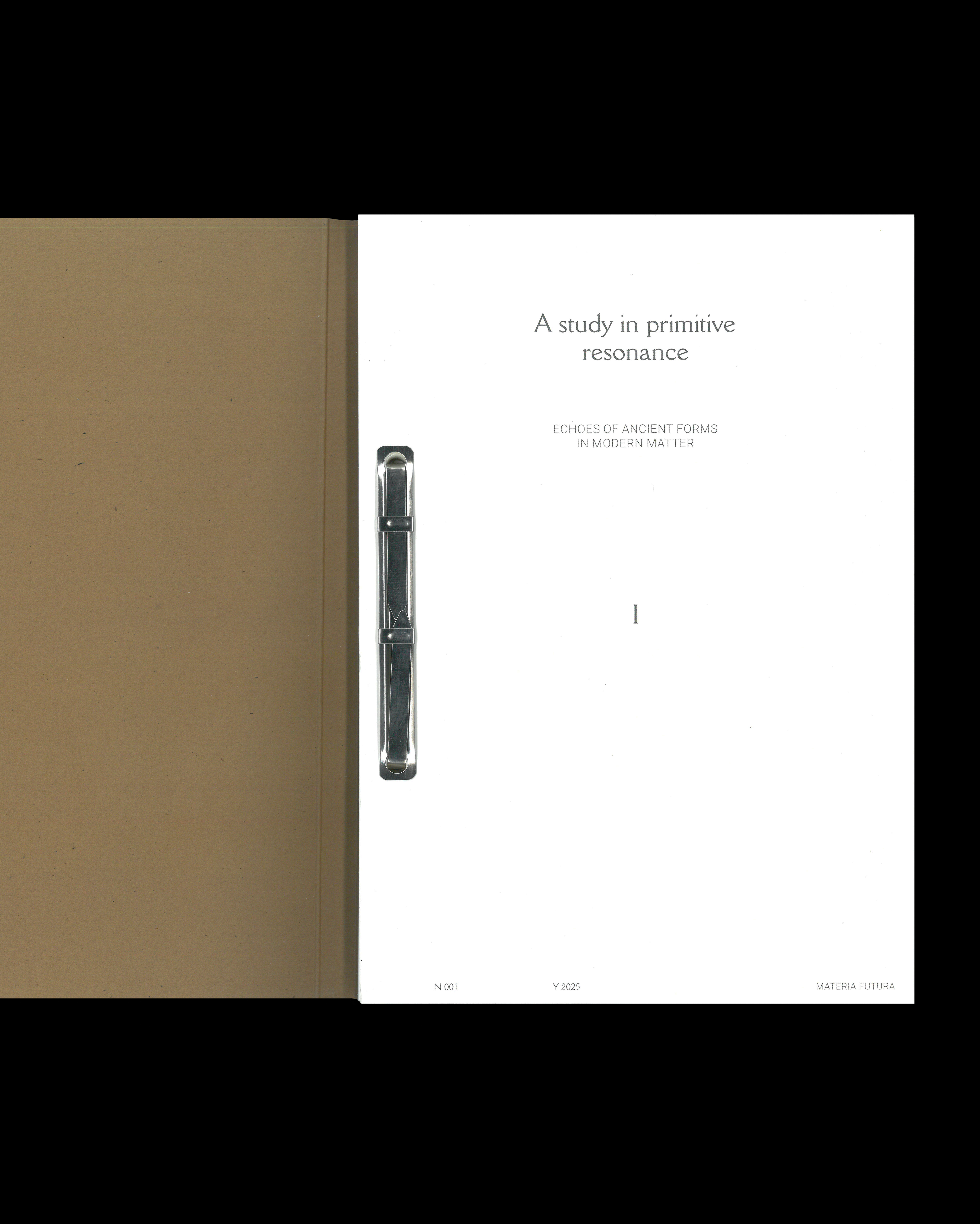 Interior view of the booklet A Study in Primitive Resonance — documentation of the Materia Futura project by Sebastian Renga.