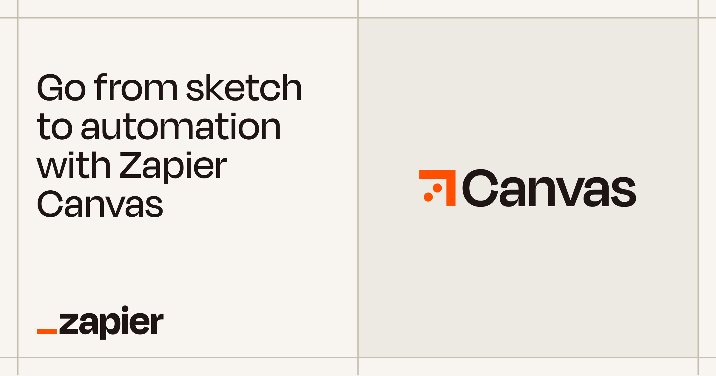 Official Zapier Canvas card reading Go from sketch to automation with Zapier Canvas next to the orange Canvas logo