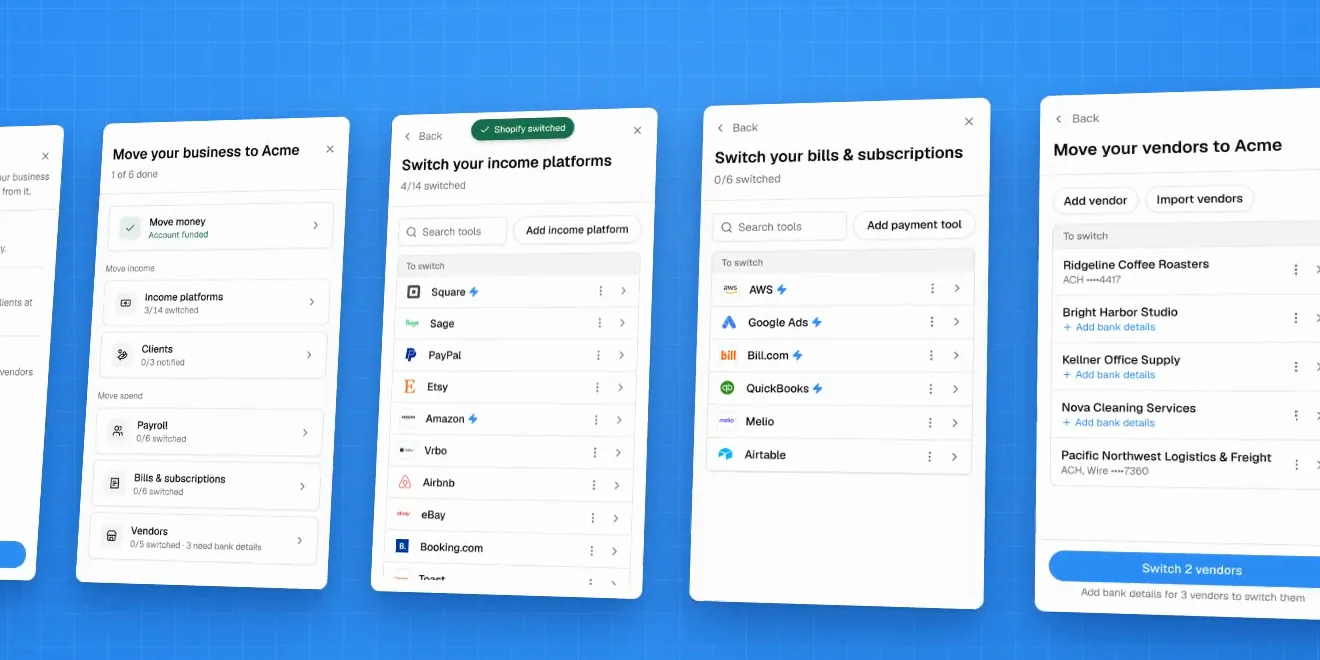 Several InstaSwitch switching screens laid out side by side