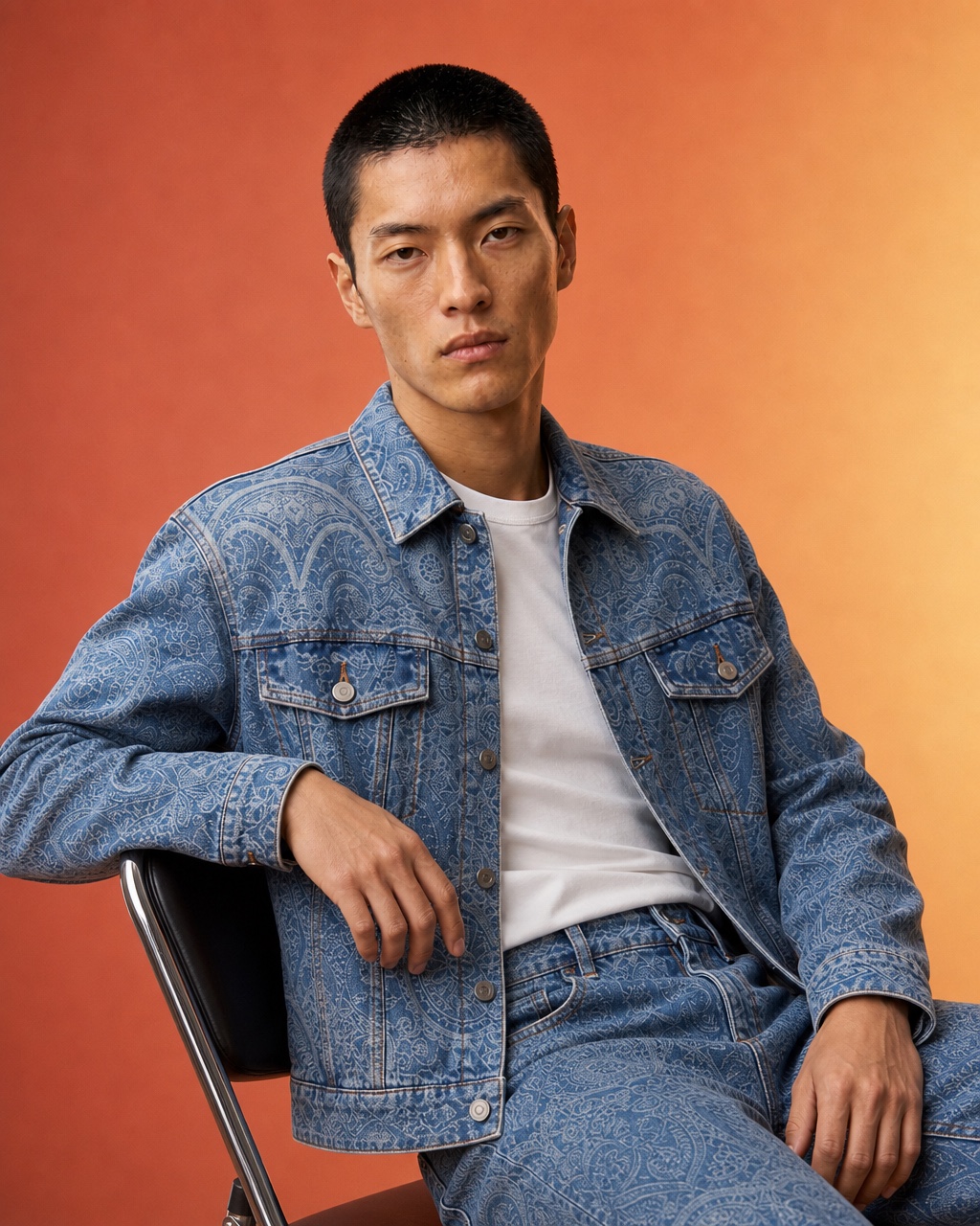 Seated waist-up studio portrait of the model in a blue paisley denim jacket and matching trousers in a warm studio.
