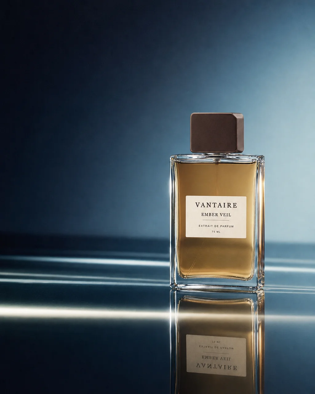 EMBER VEIL bottle with a single light streak on a cool reflective surface.