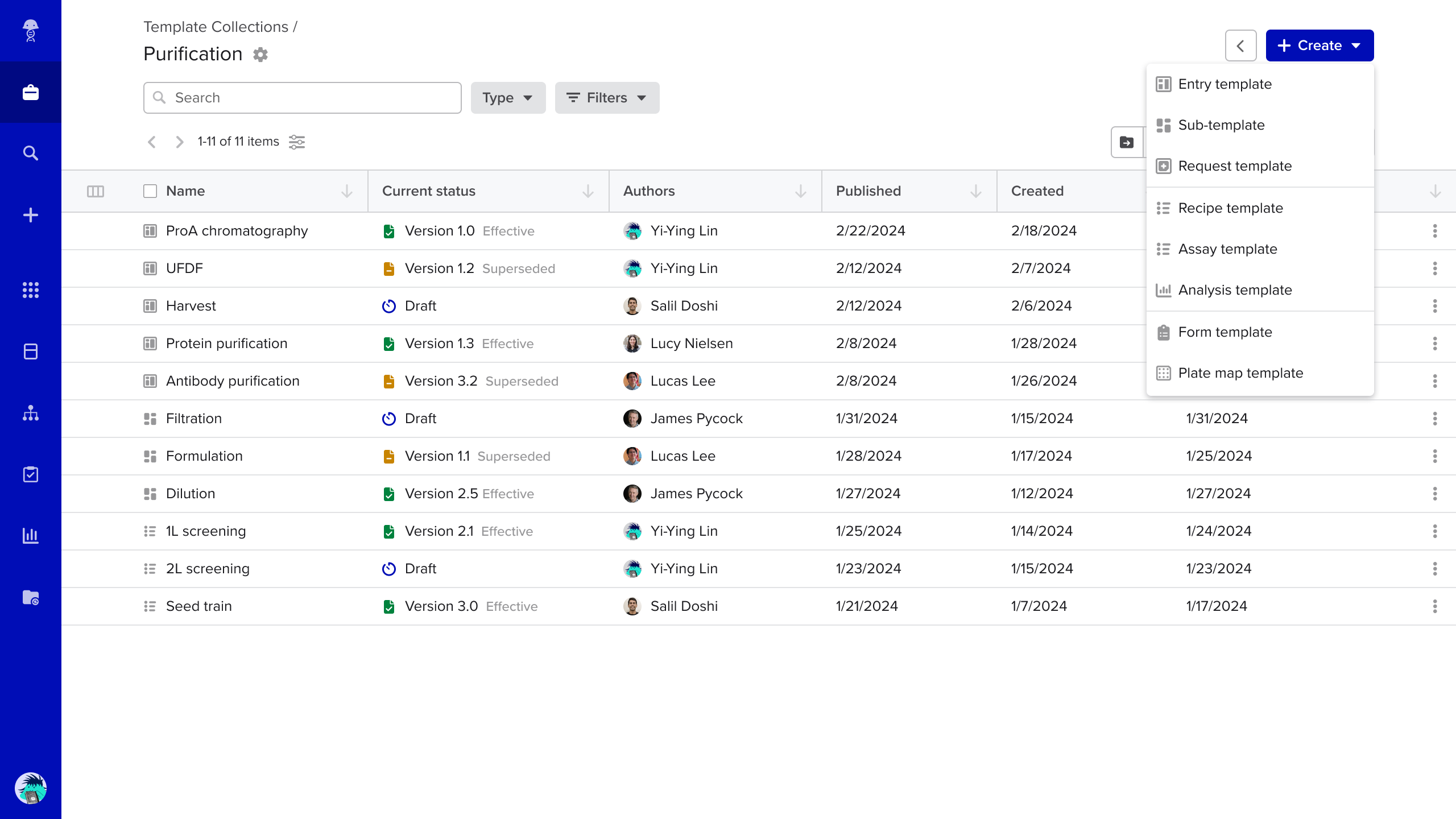 The template listing page enables scientists to create, manage, and reuse procedural knowledge.