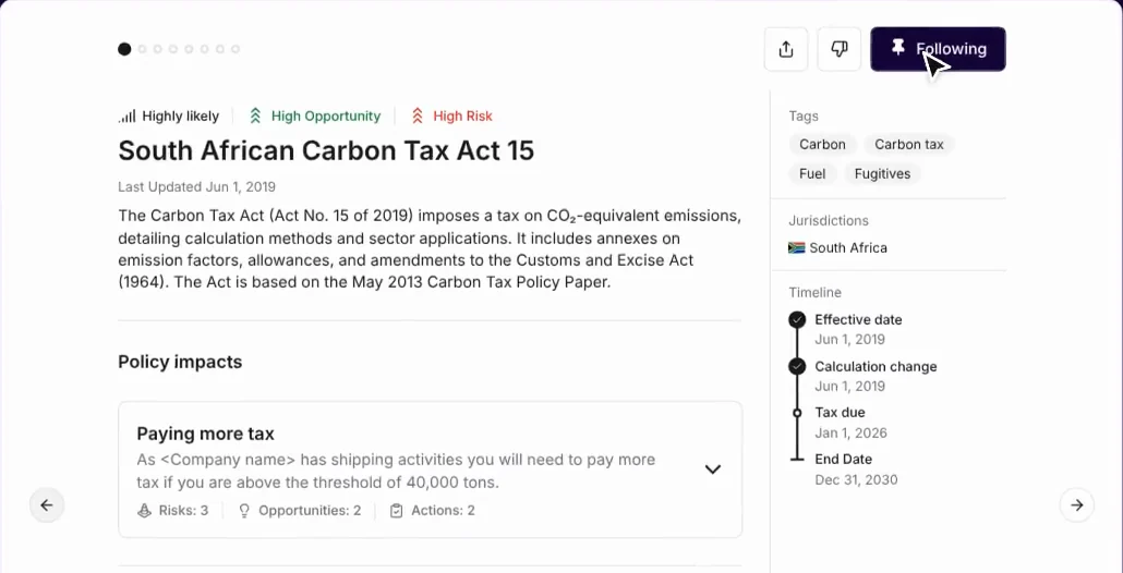 Maiven policy page for a national carbon tax with impacts, tags, a timeline and updates