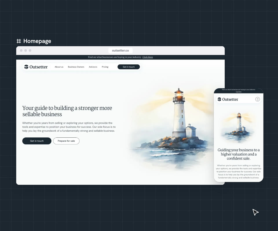 The Outsetter website with the lighthouse, scrolled to the results model, then the mobile site