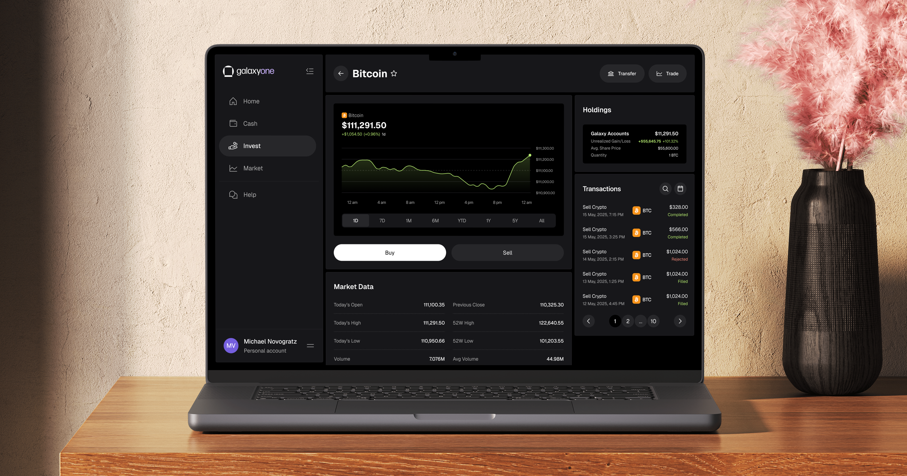 Trading platform displayed on smartphone and laptop devices