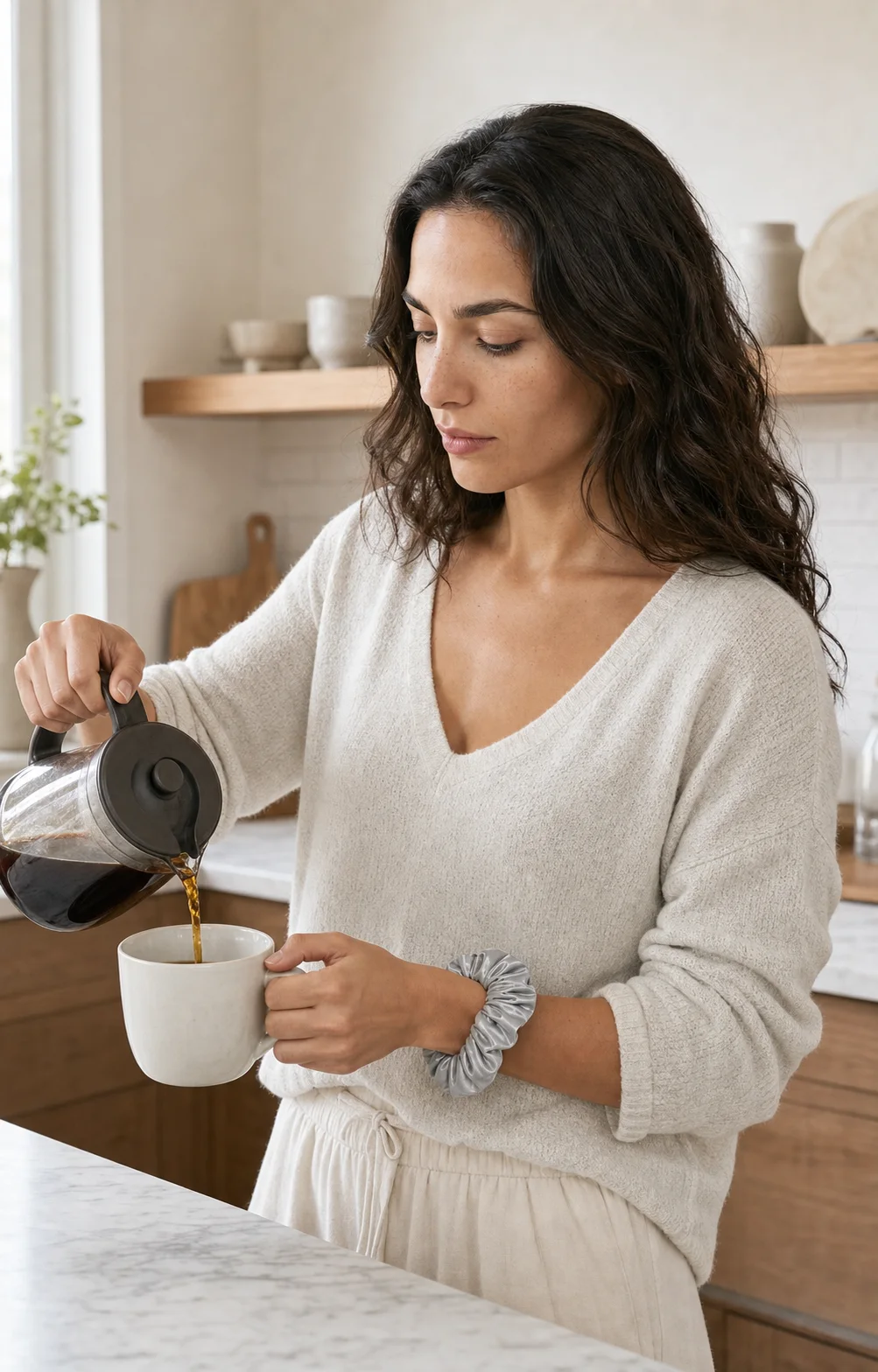 Elena pouring morning coffee, wearing the Silver Grey scrunchie