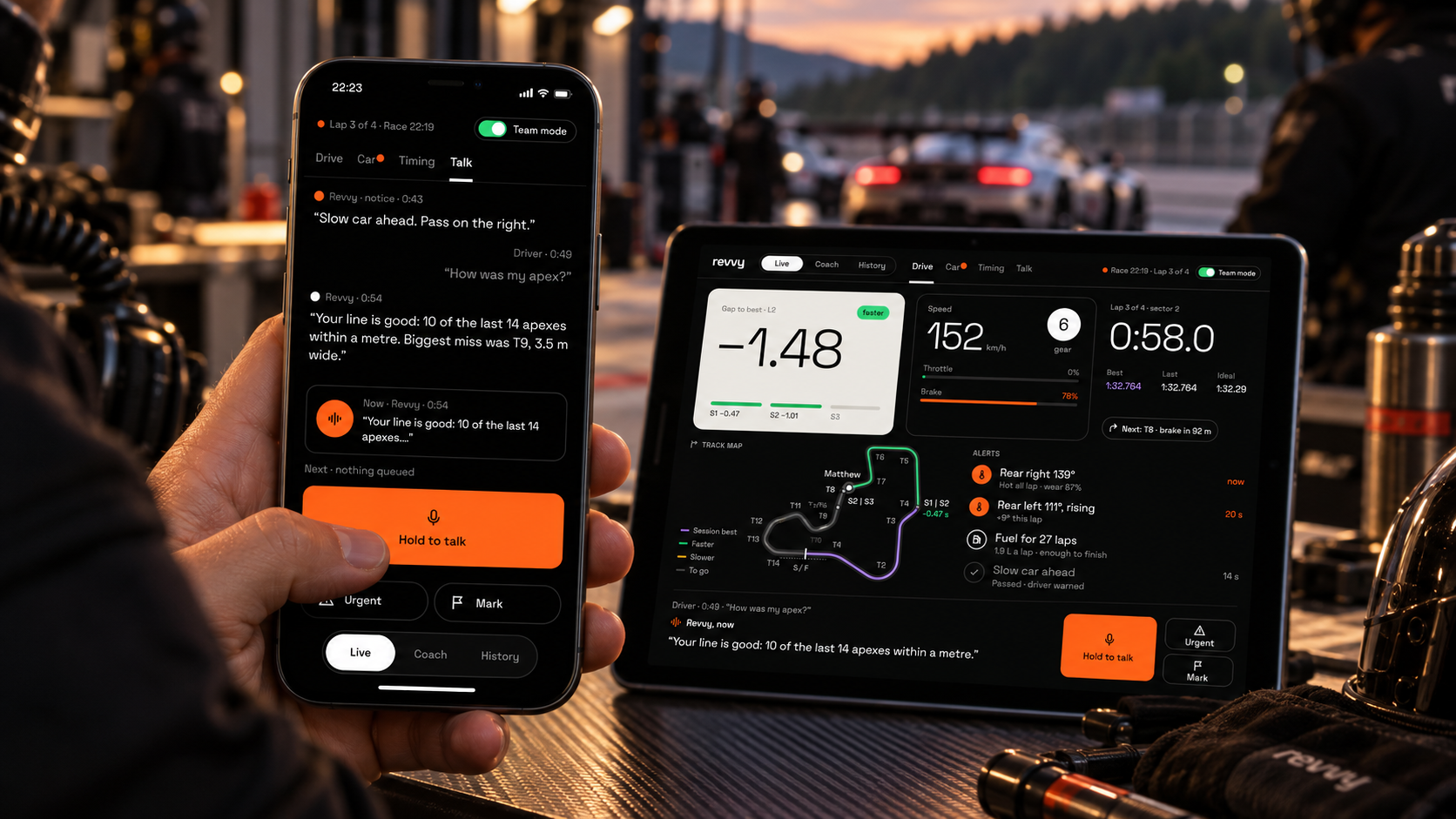 Revvy Studio V3.1: Live Drive on an iPad during a race (the gap −1.48 on the paper tile, speed, lap clock, track map, alerts and Hold to talk) and on an iPhone during a rally run (the next pace note L6 on the paper tile)