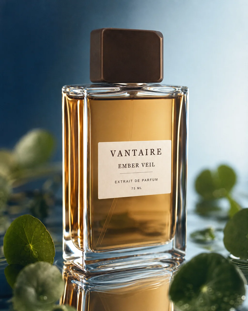 EMBER VEIL on a cool reflective surface with green botanical detail.