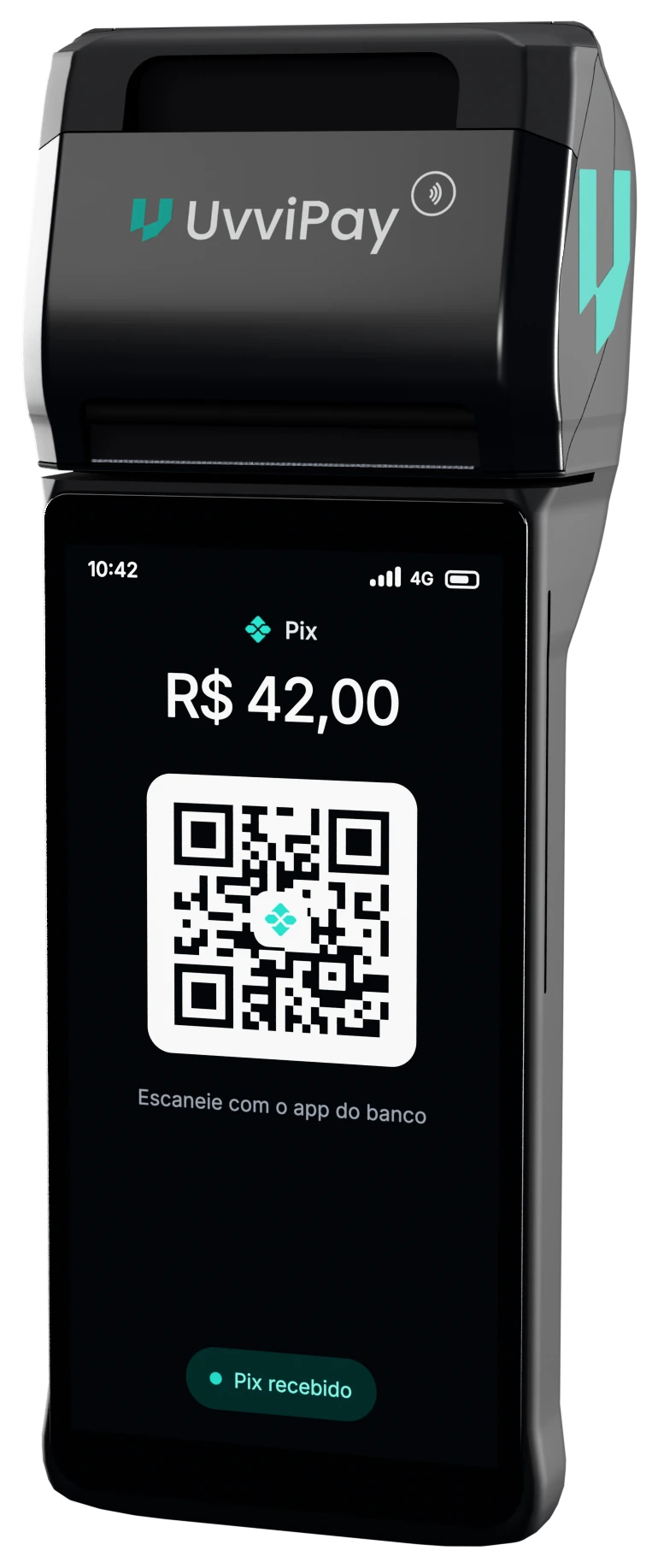 Maquininha UvviPay mostrando um QR Code Pix de R$ 42,00 pago