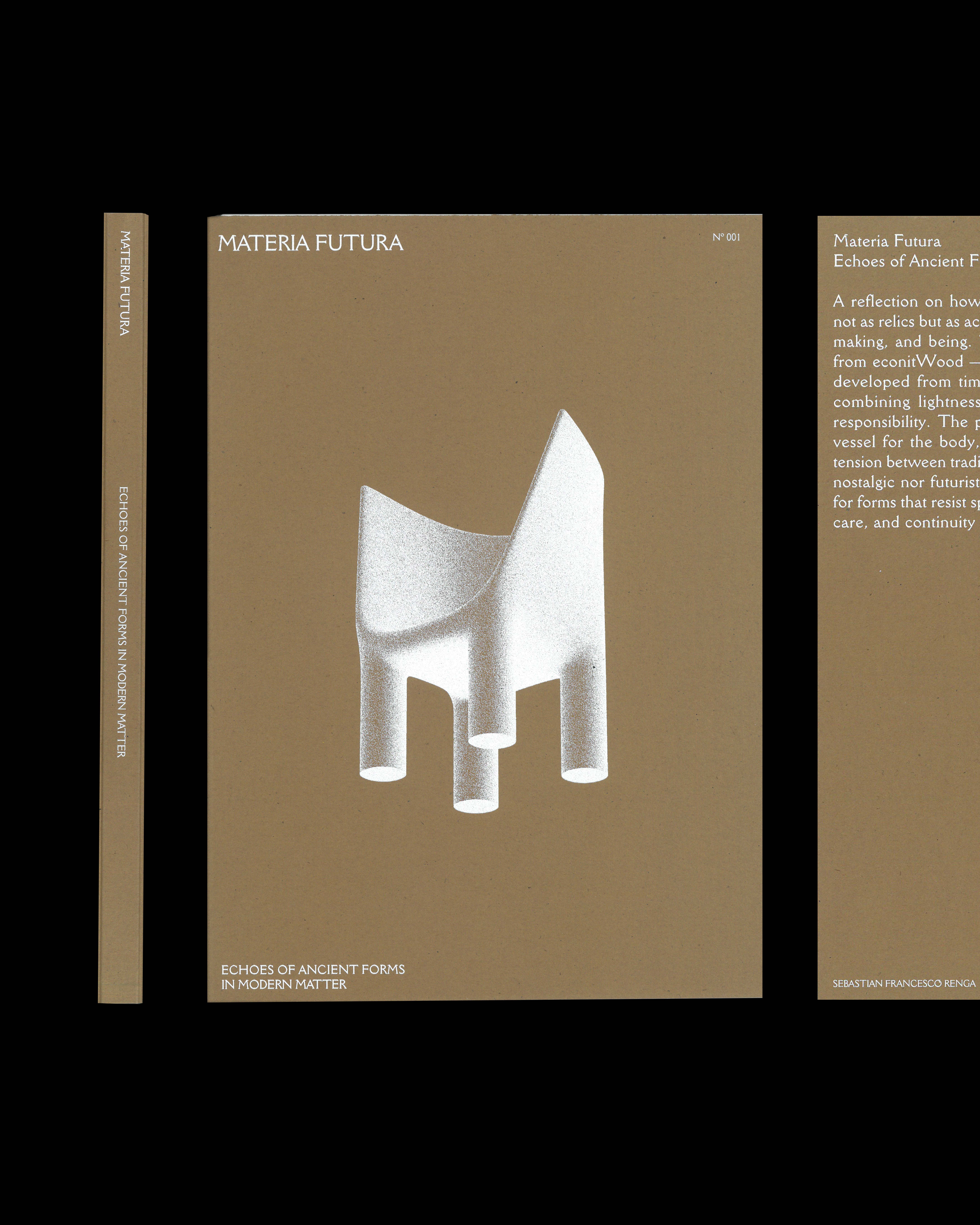 Cover of the Materia Futura booklet — Echoes of Ancient Forms in Modern Matter — featuring the chair’s embossed silhouette on recycled kraft paper.