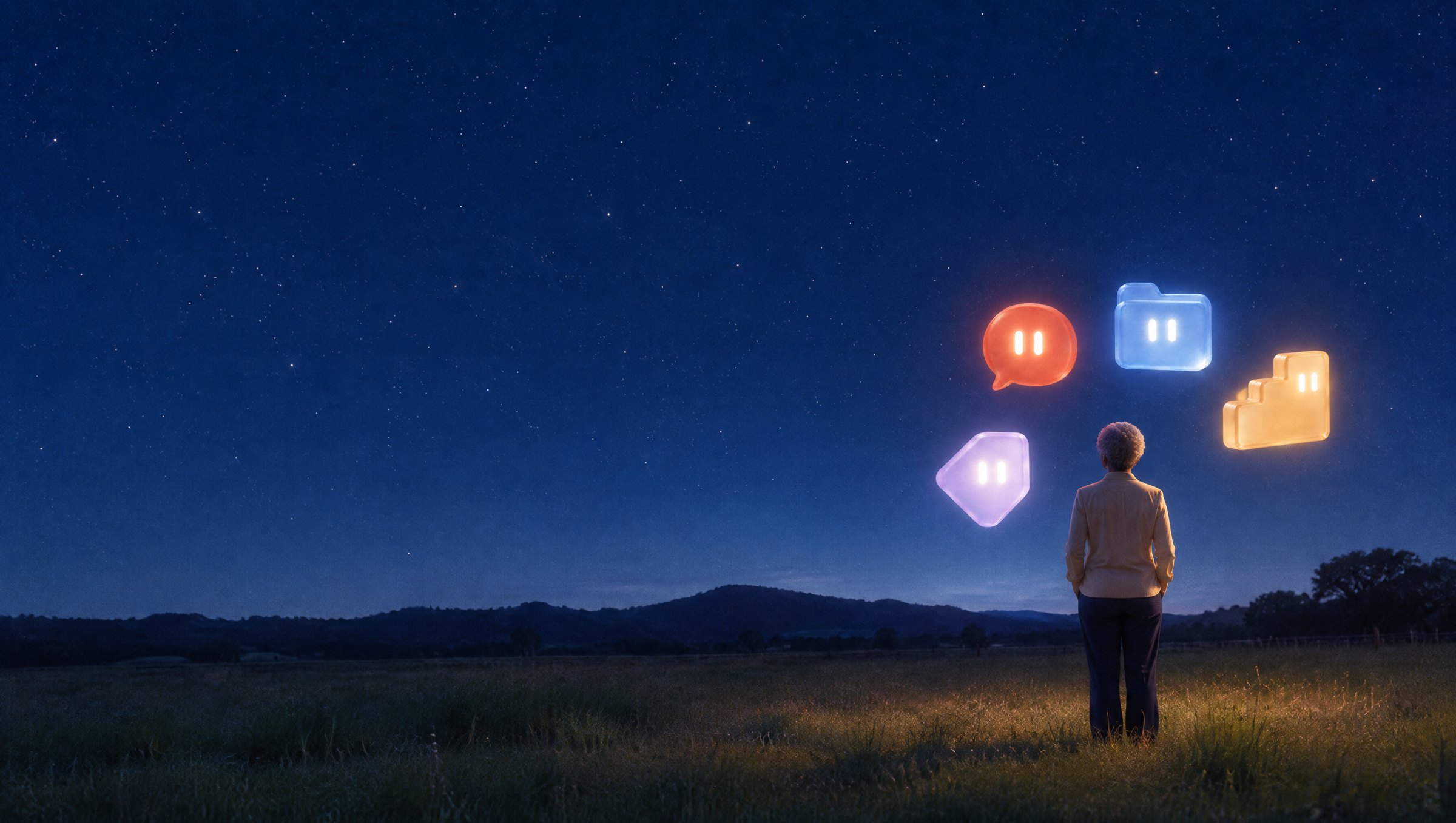 De noche, la socia de una firma mira las estrellas en el potrero; a su lado, los cuatro agentes de vidrio encendidos