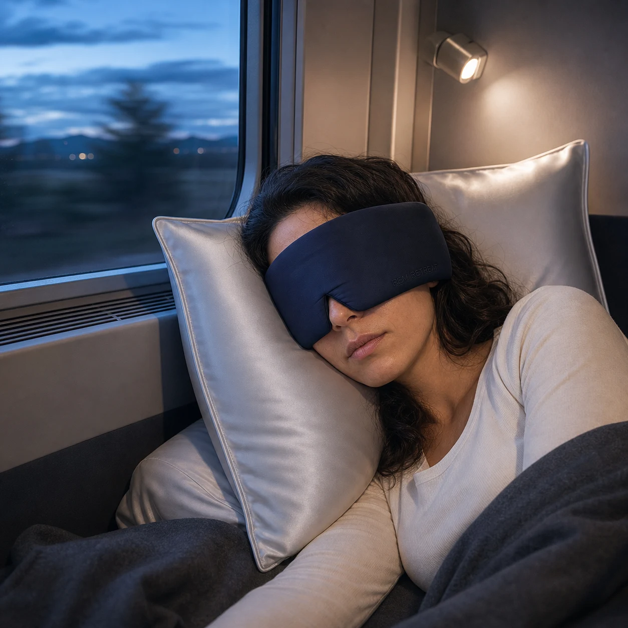 Elena sleeping on a train wearing the Midnight Blue silk sleep mask on a Silver Cloud pillowcase