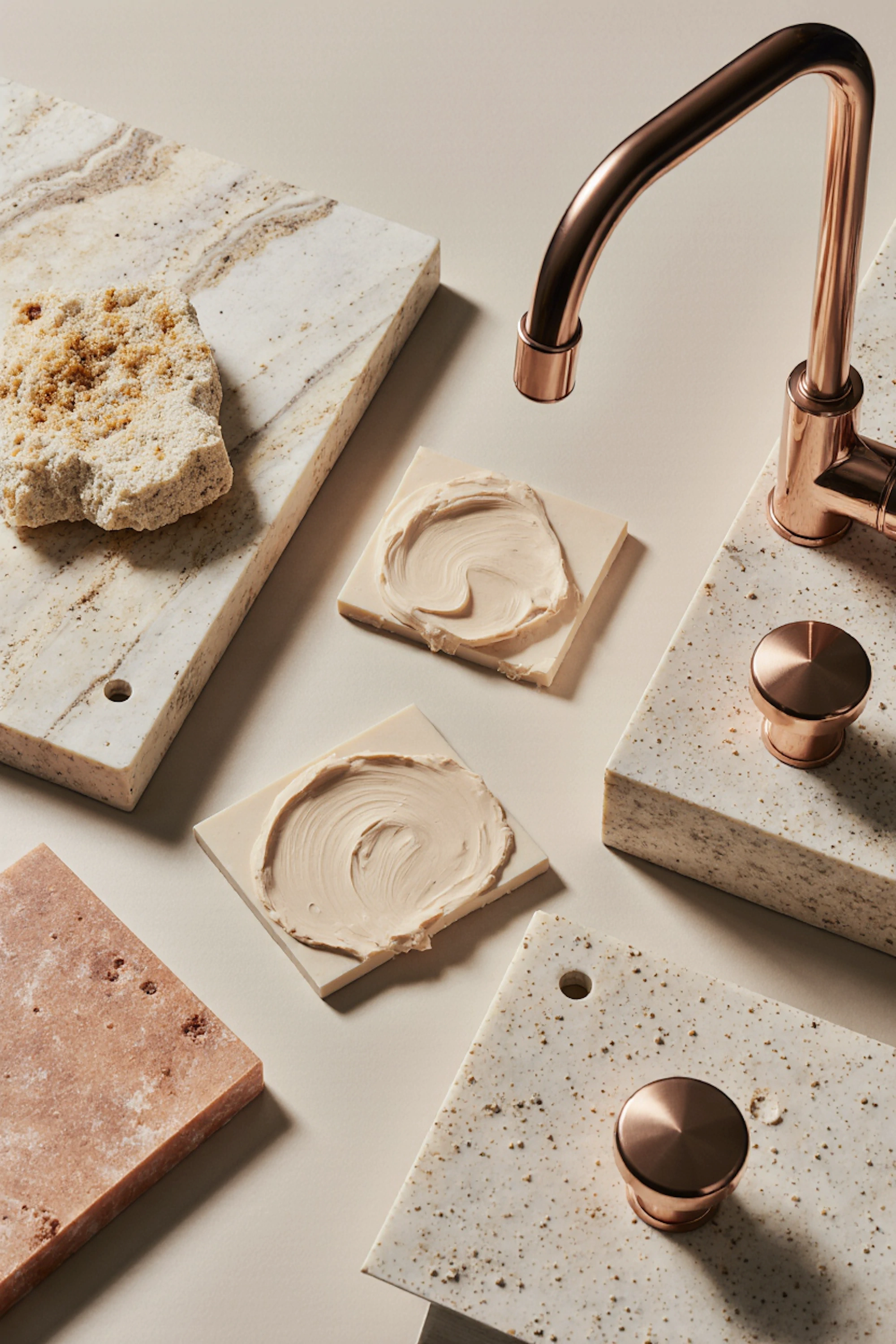 Flat lay of textured stone, plaster, and metal material samples arranged on a neutral surface.