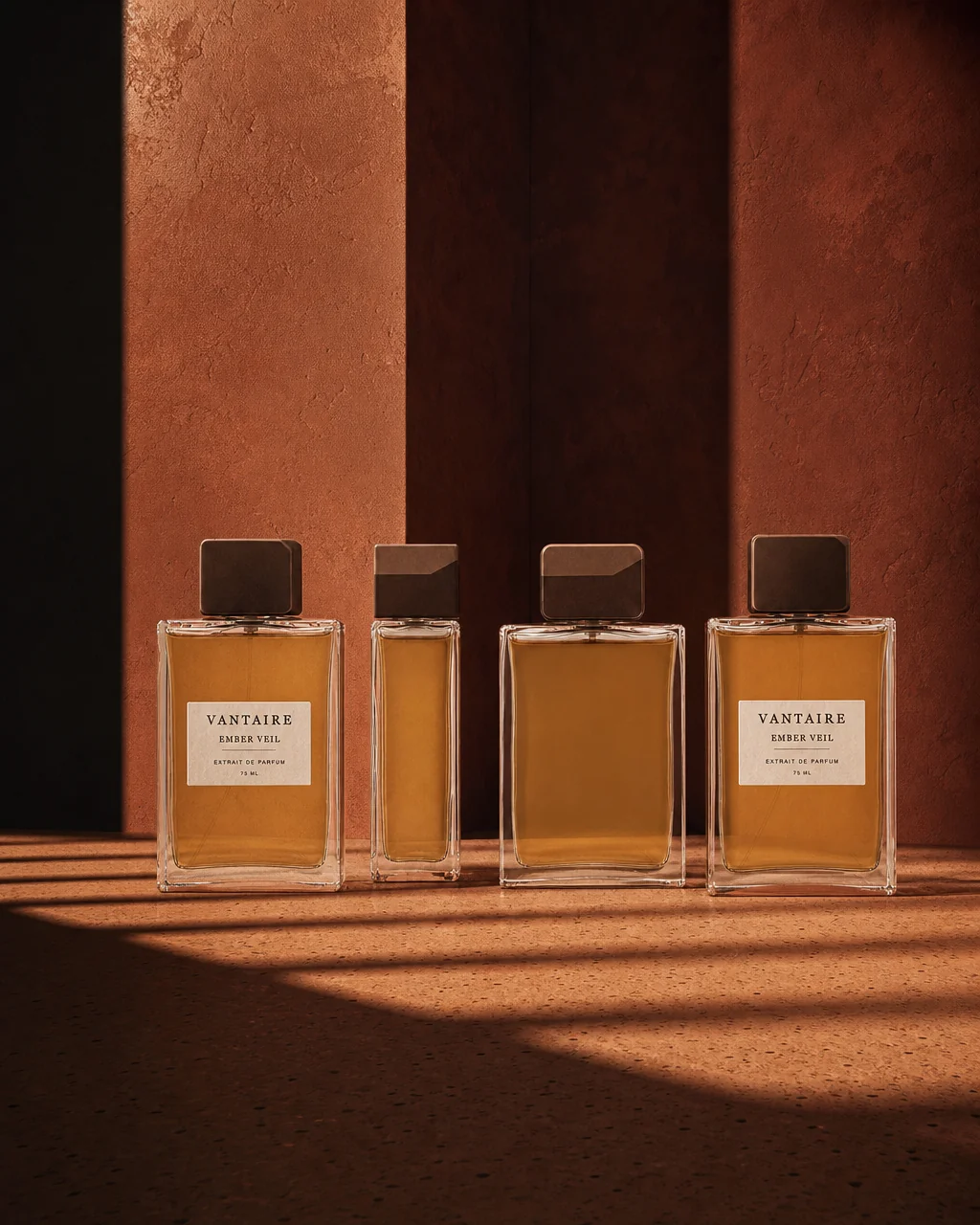 The EMBER VEIL range in a row, long shadows across bronze.