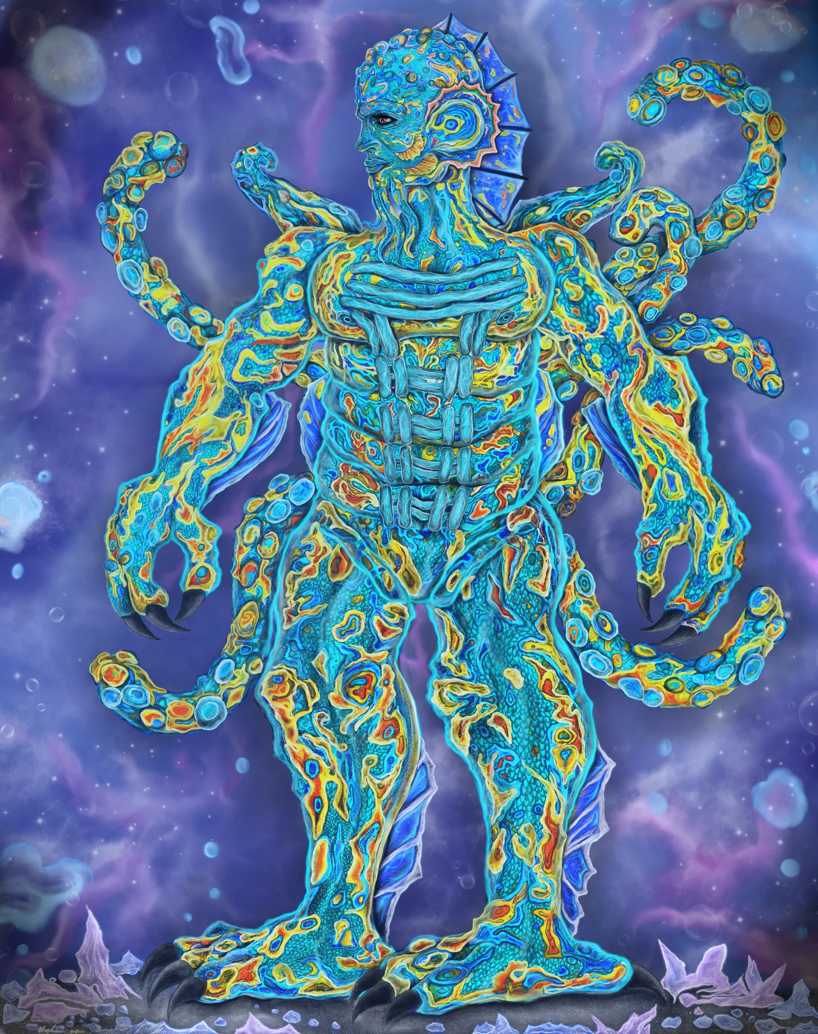 Painting of Gill, an aquatic octopus-like being glowing in blue and gold, standing in cosmic water above crystal ground