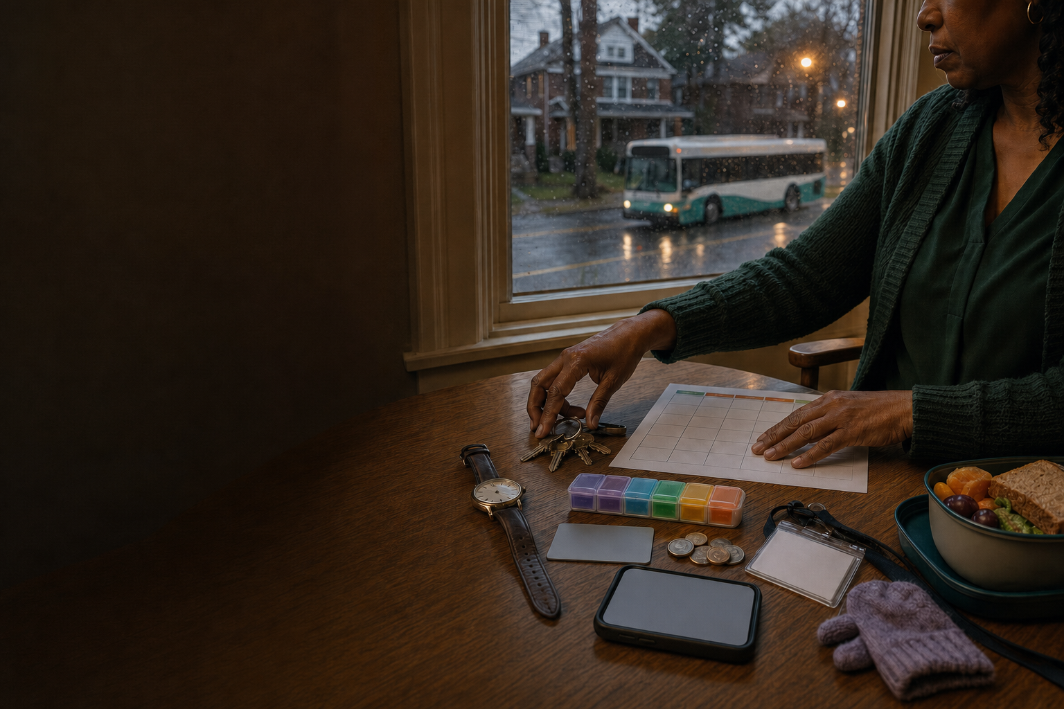 An editorial Detroit kitchen scene with medicine, a clock, a transit map, and household bills.