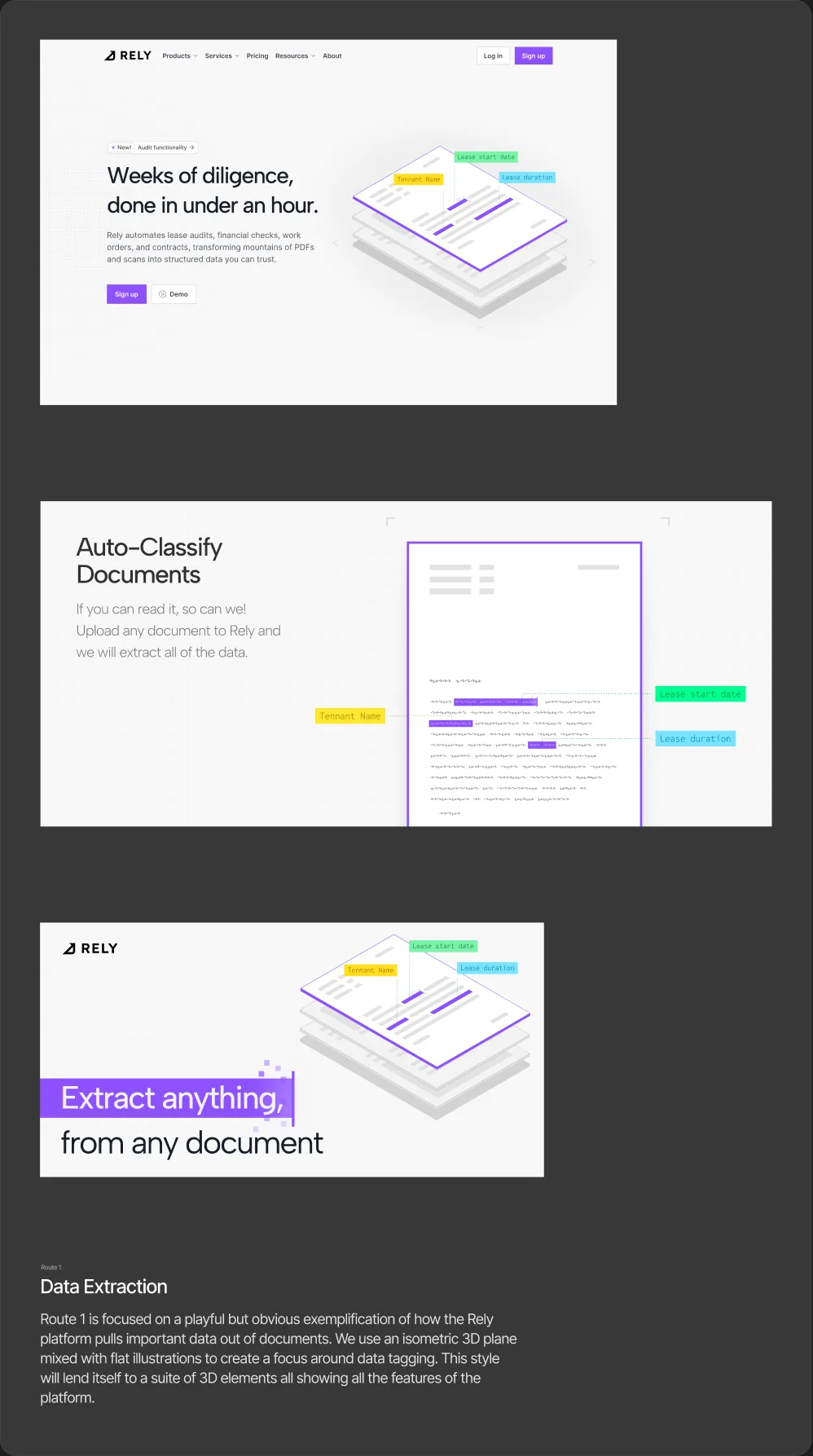 Rely brand route one: isometric data extraction, with hero, feature and social mockups