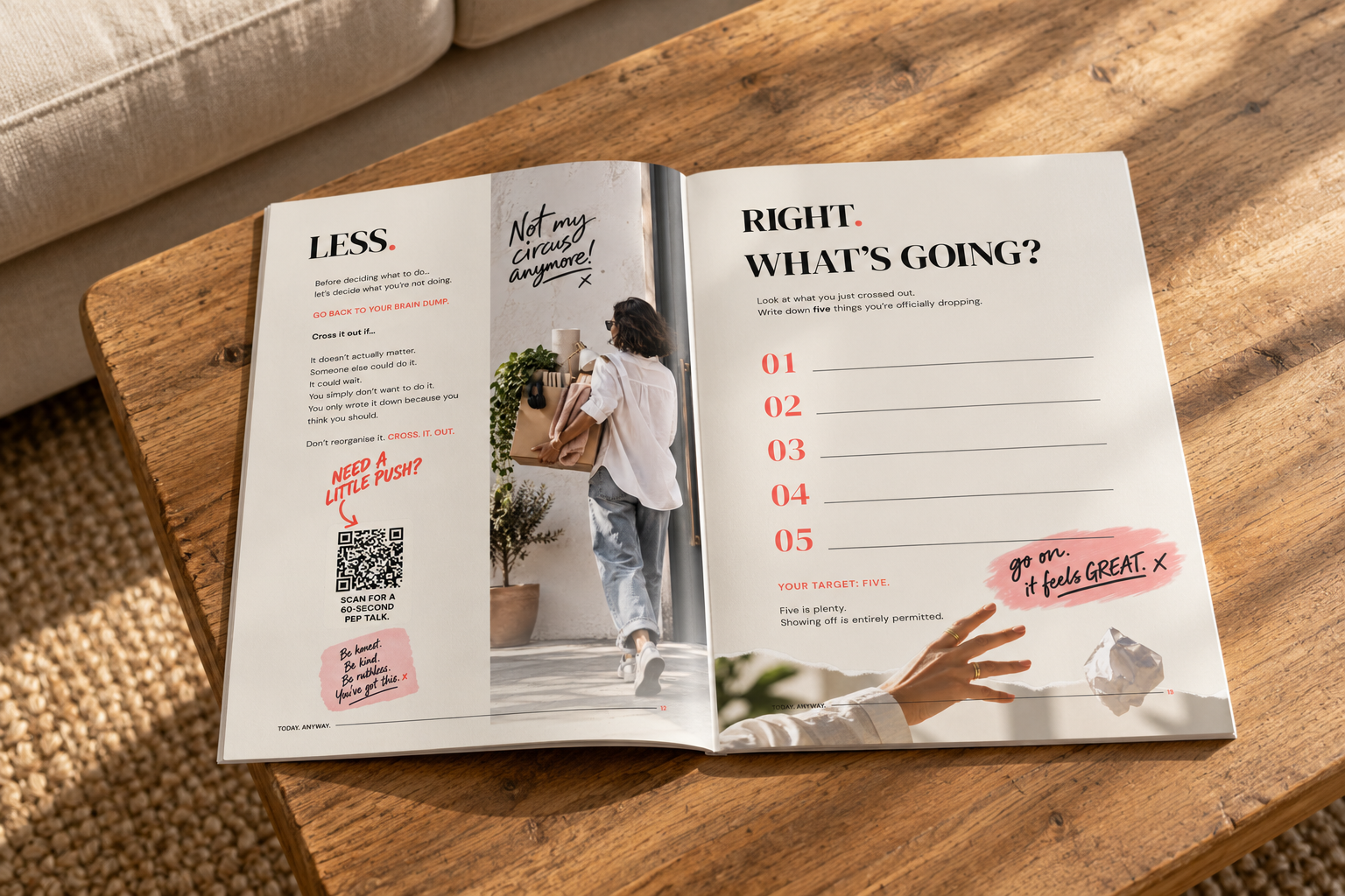 Concept view of RESET. open to the LESS. and RIGHT. pages on a coffee table