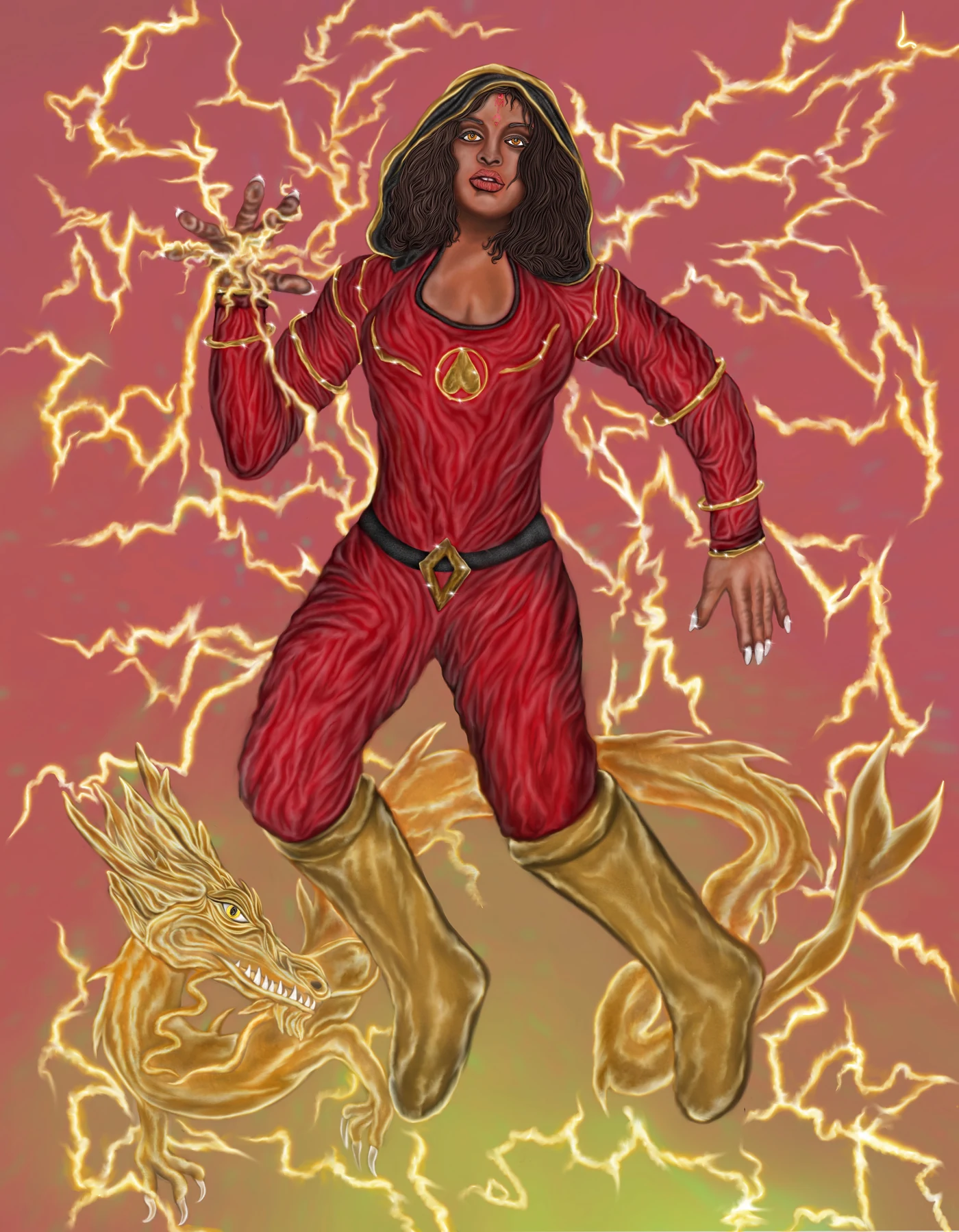 Painting of a hooded heroine in a red suit with lightning and a gold dragon