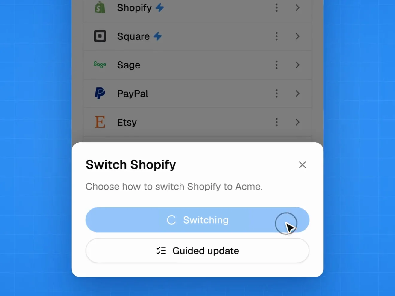 InstaSwitch dialog offering Auto Switch or a guided update for Shopify