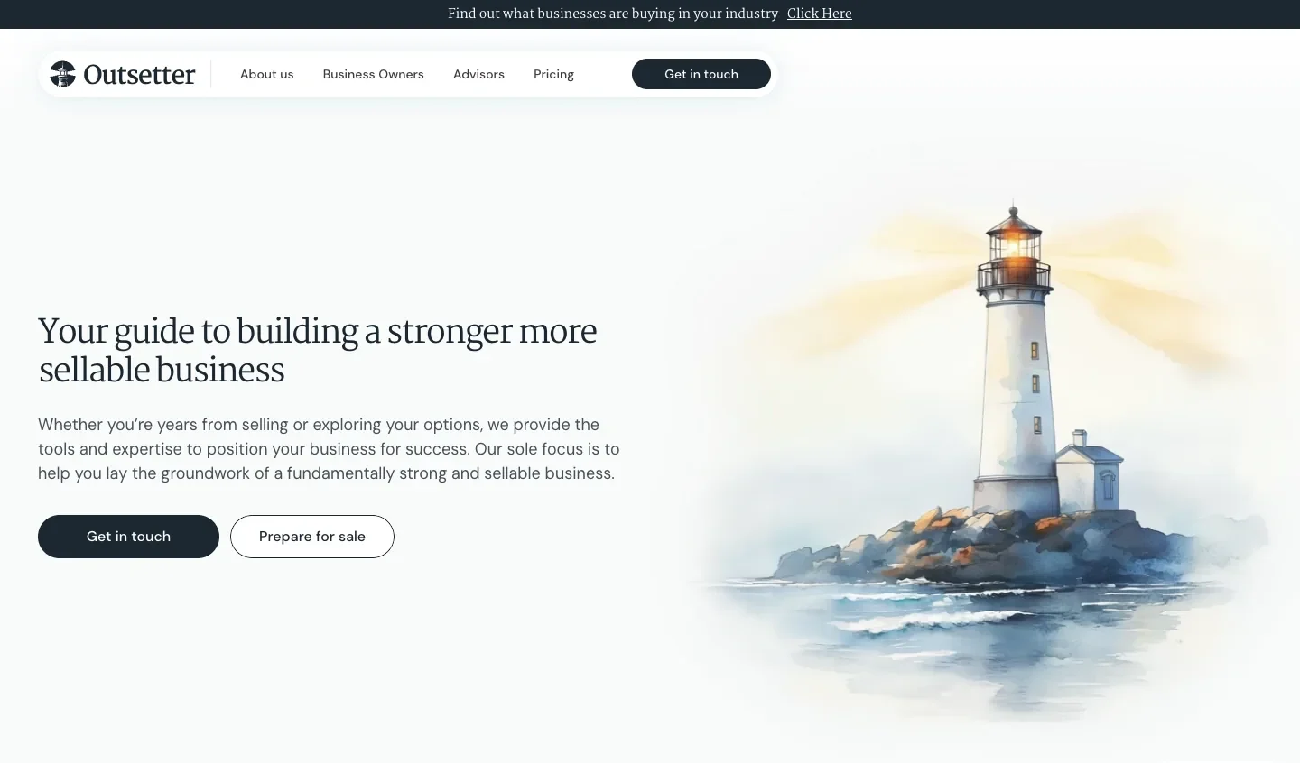 Outsetter homepage as built: Your guide to building a stronger, more sellable business, beside a watercolour lighthouse