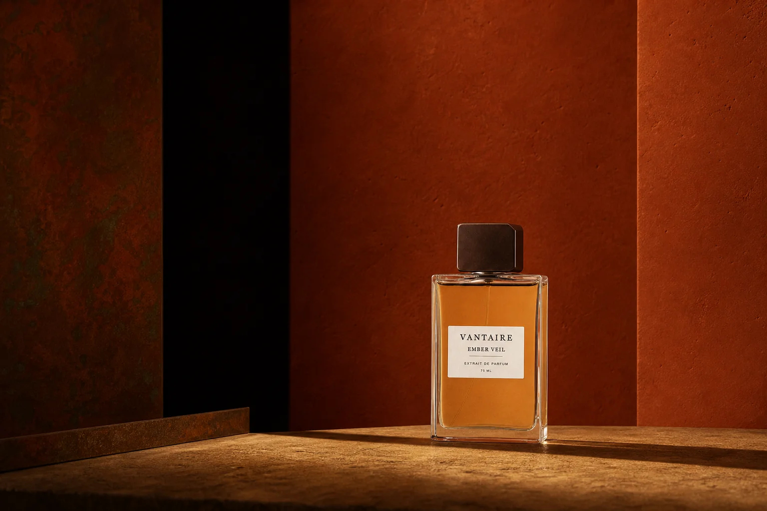 EMBER VEIL brand-world wide still in warm architectural light.