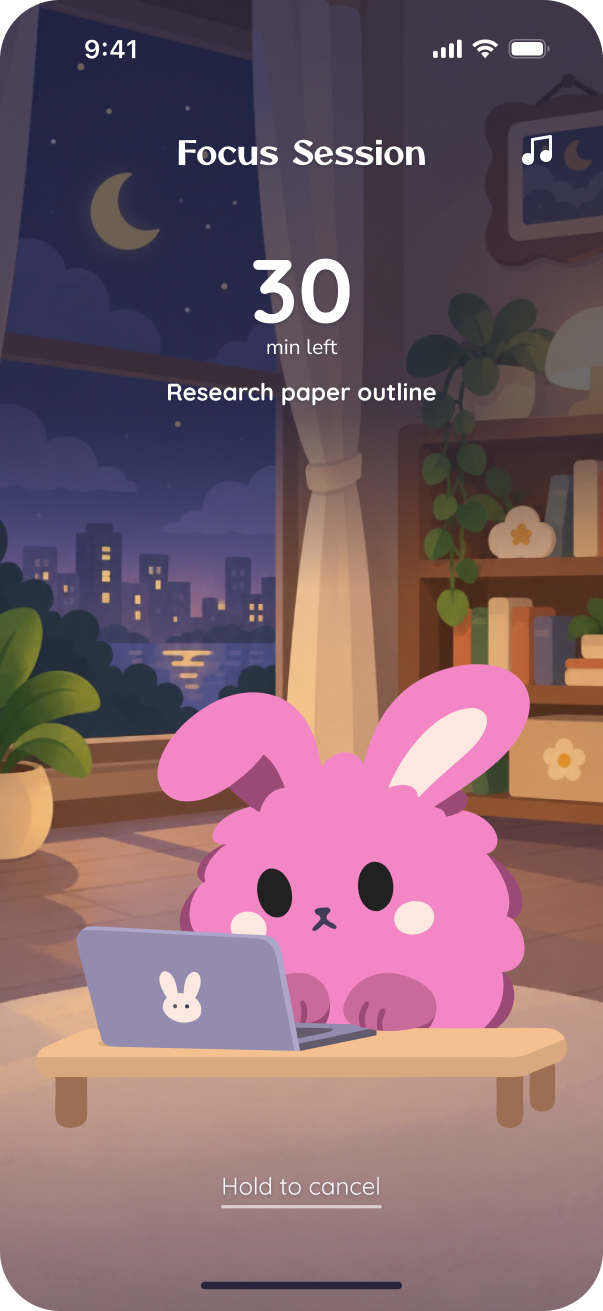 Original Active Focus illustration enlarged: Tuli using a laptop, the desk, window and nighttime room