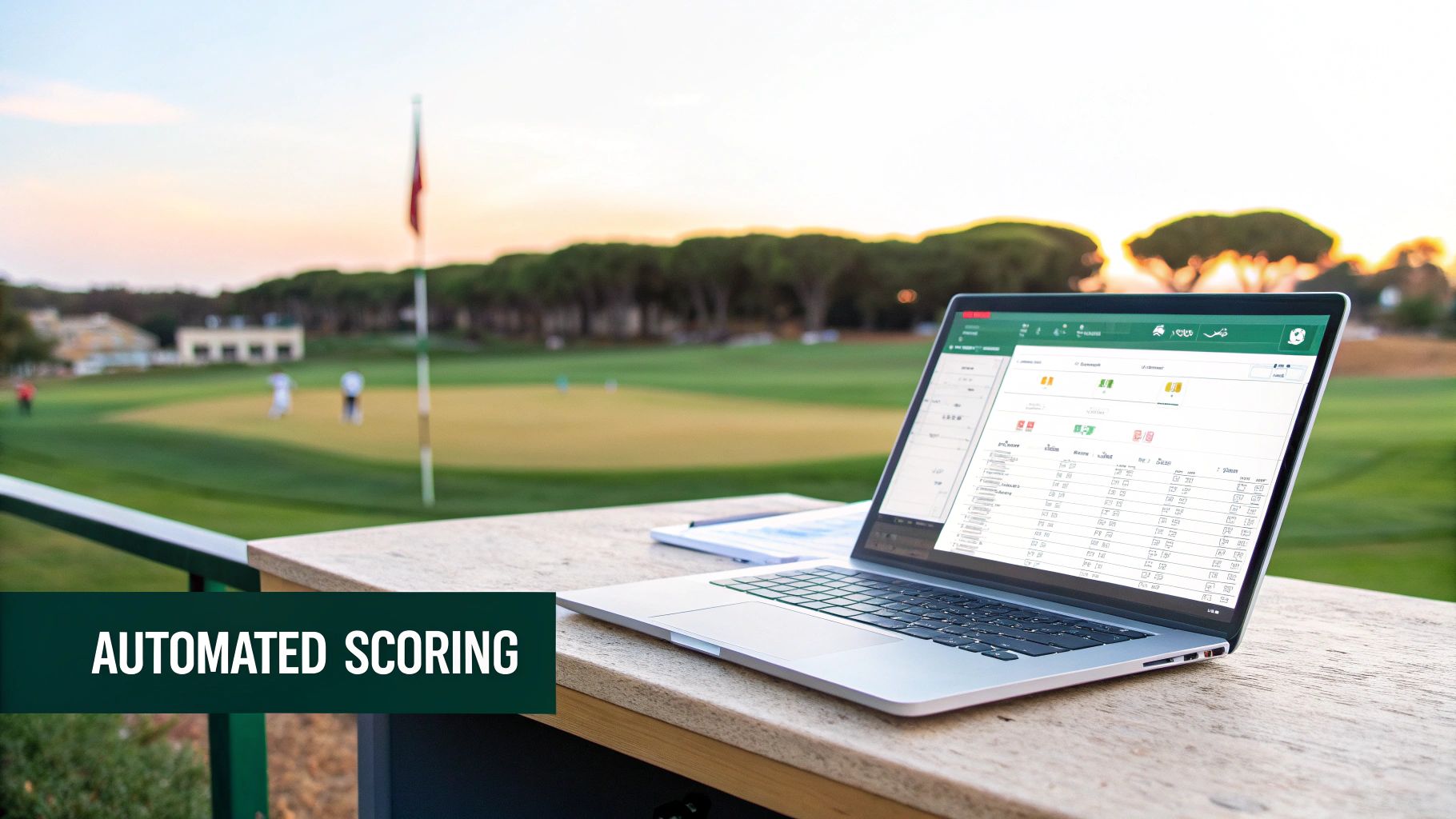 A laptop displaying automated golf scoring software on a table, overlooking a scenic golf course at sunset.