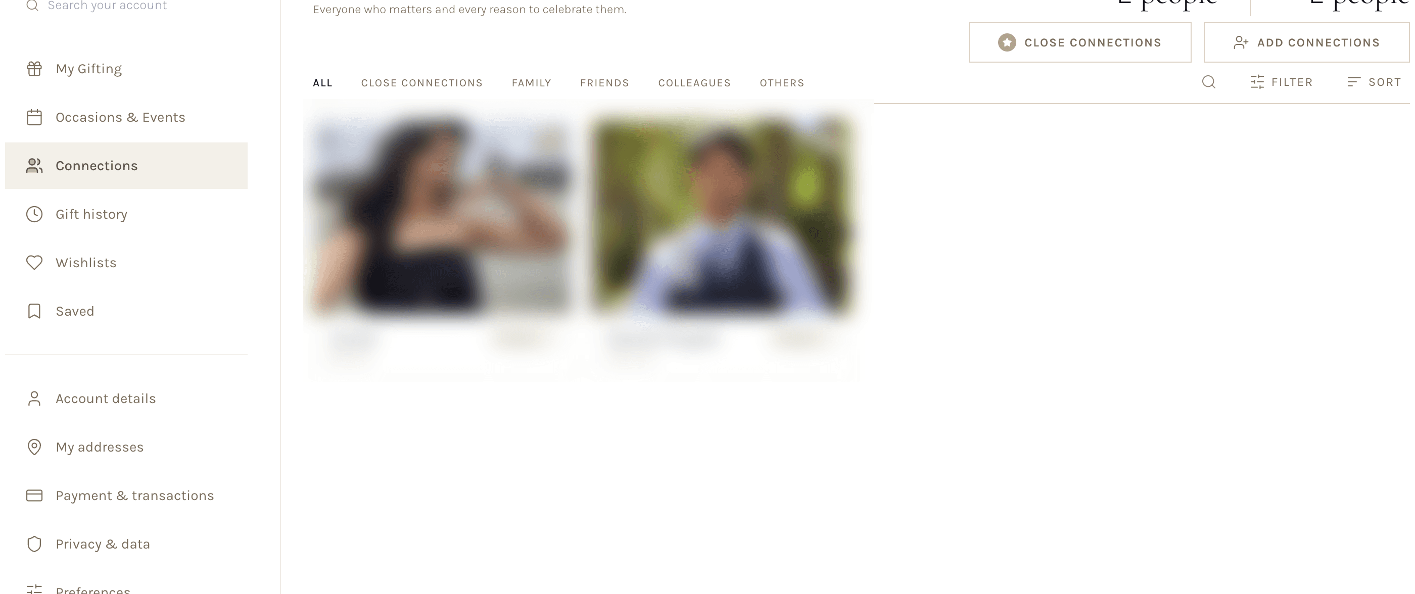 My Connections with relationship tabs; colleague photos and names blurred