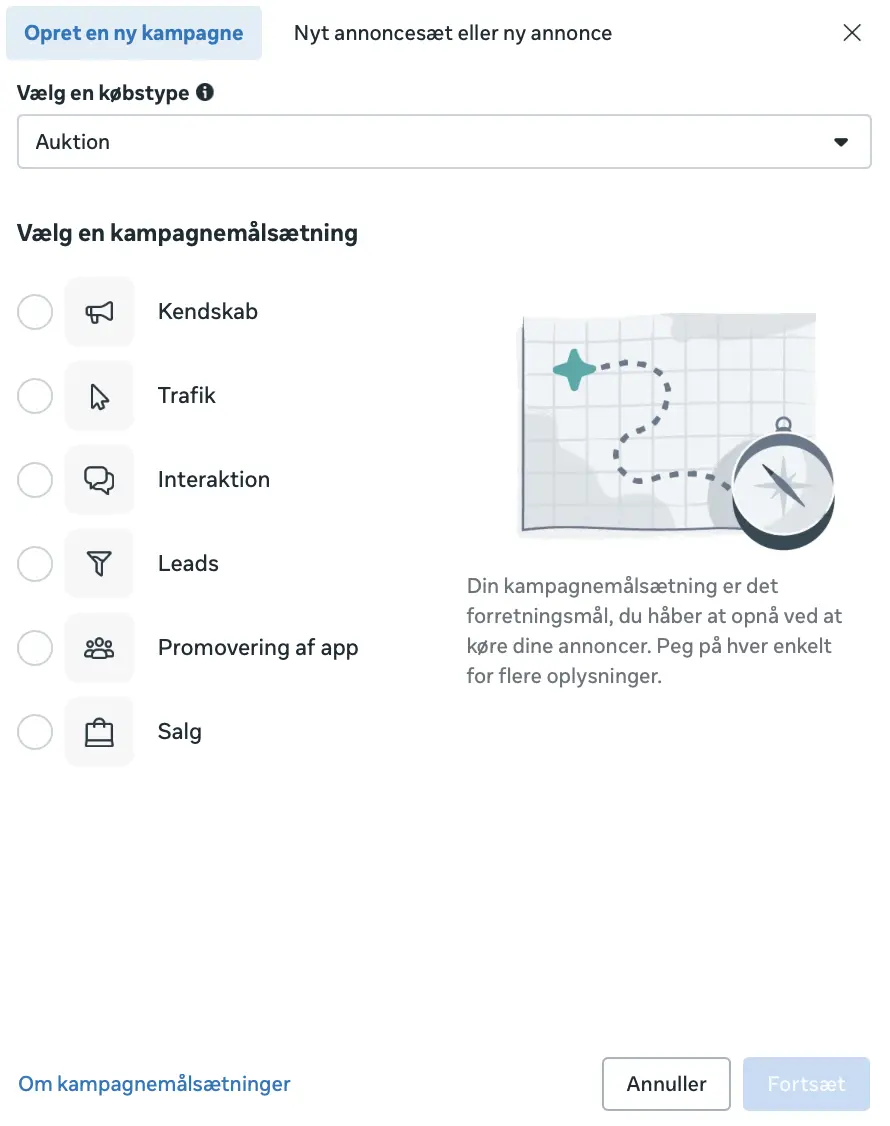Illustration valg af målsætning i meta ads manager