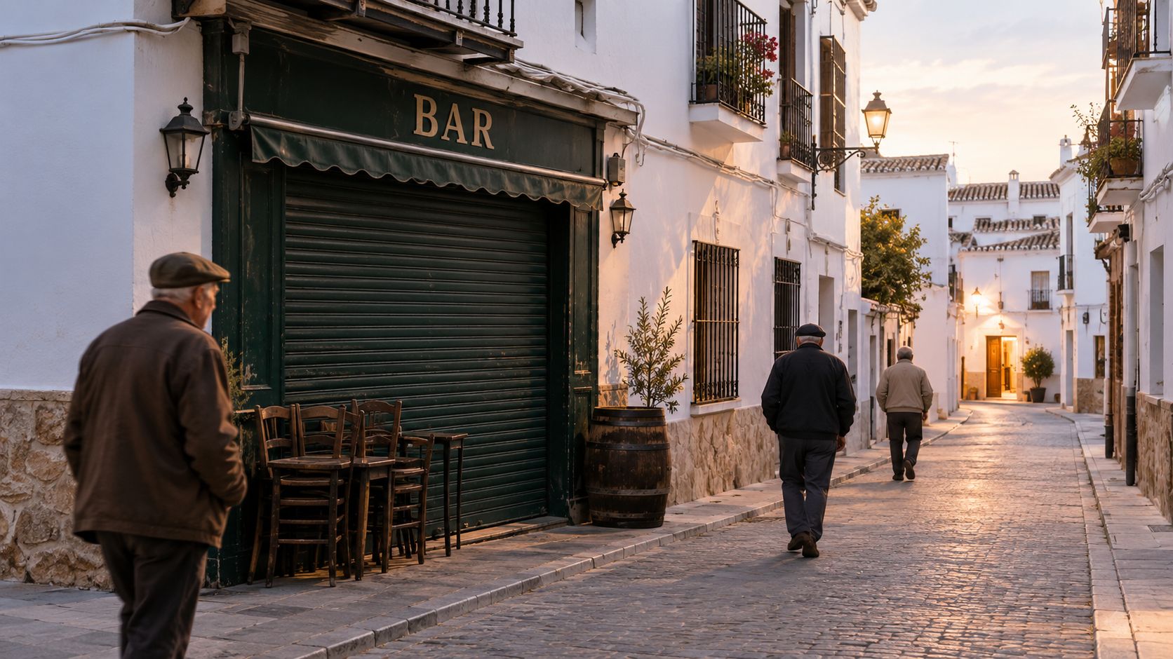 Tres hombres mayores caminan por una calle empedrada cerca de un bar con persiana cerrada al atardecer.