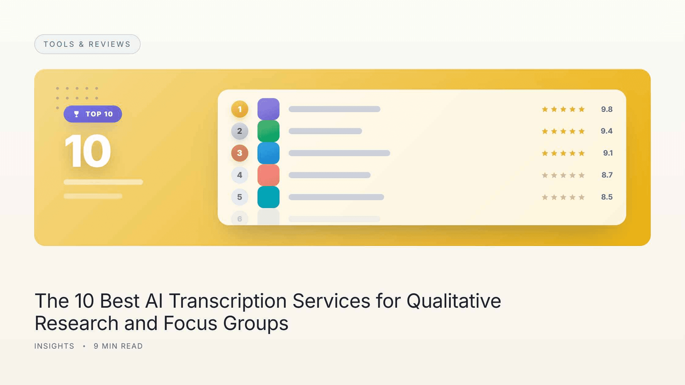 A "Top 10" leaderboard with a large "10," gold/silver/bronze medals on the top three, app icons, star ratings, and scores — illustrating the best AI transcription services for qualitative research and focus groups.