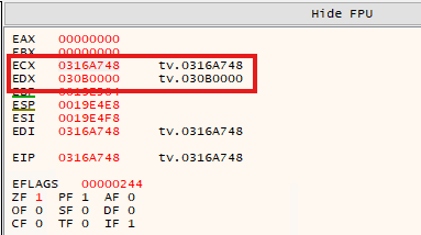 x32dbg-Register: ECX enthält 0316A748 (tv.0316A748, auch in EIP), EDX enthält 030B0000 (tv.030B0000, die Basisadresse von tv.dll).