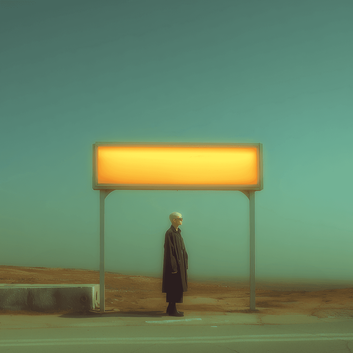 A person in a long coat stands under a glowing yellow sign in a foggy, desolate landscape, creating a surreal and mysterious atmosphere.