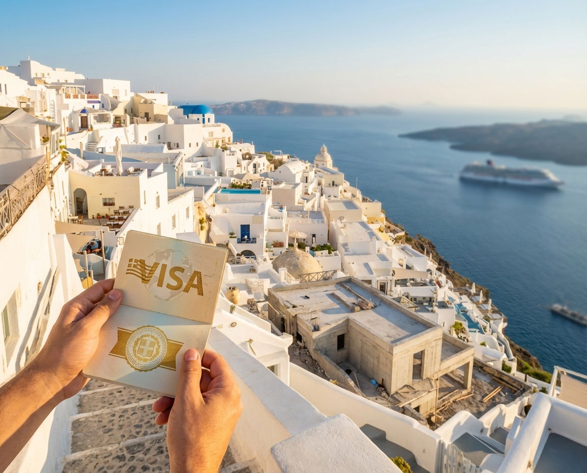 Illustration symbolizing Greece’s Golden Visa program and real estate investment.