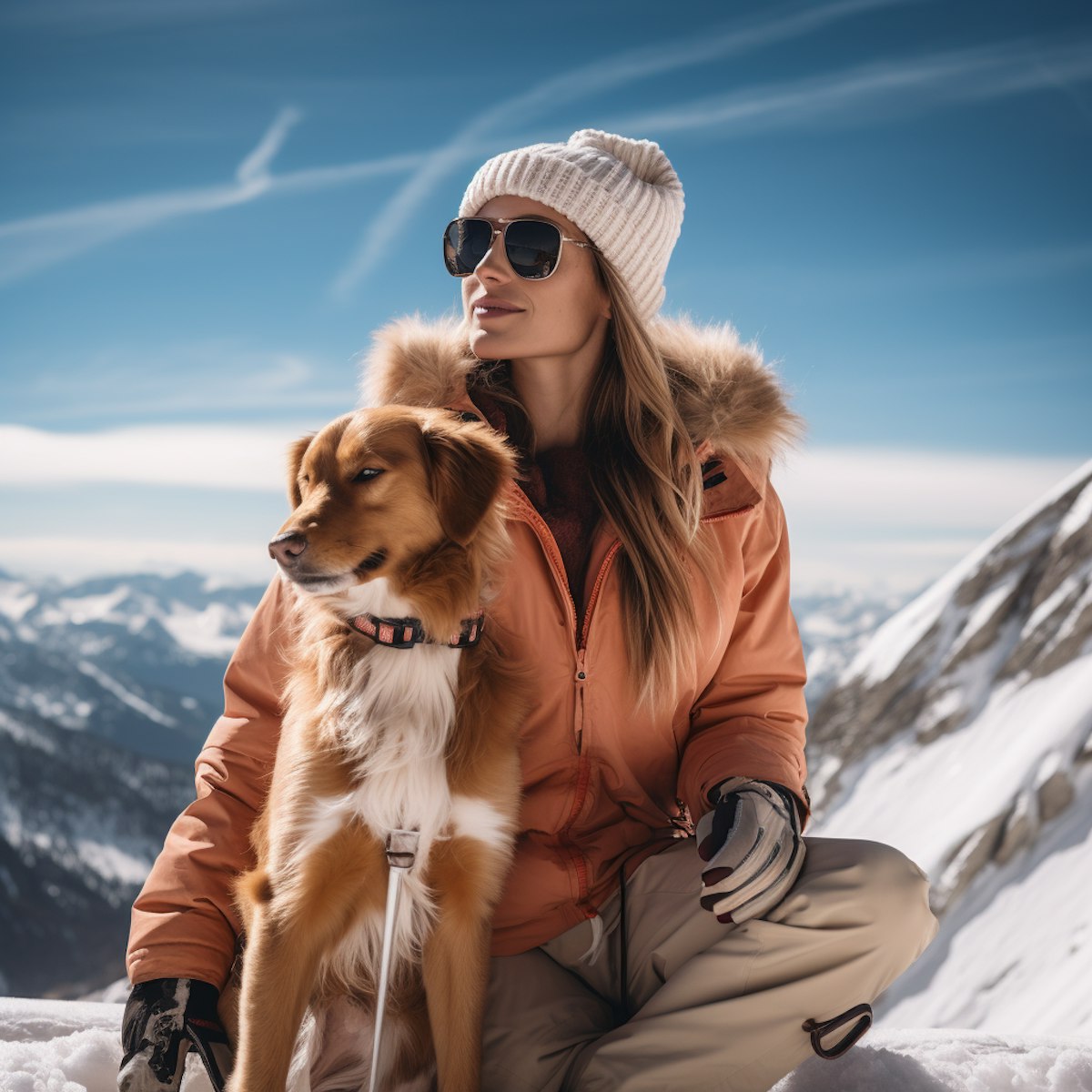 Lena 'Snowdy' Hart sitting in the snow with her dog, wearing a winter jacket and beanie, with a scenic mountain view behind.