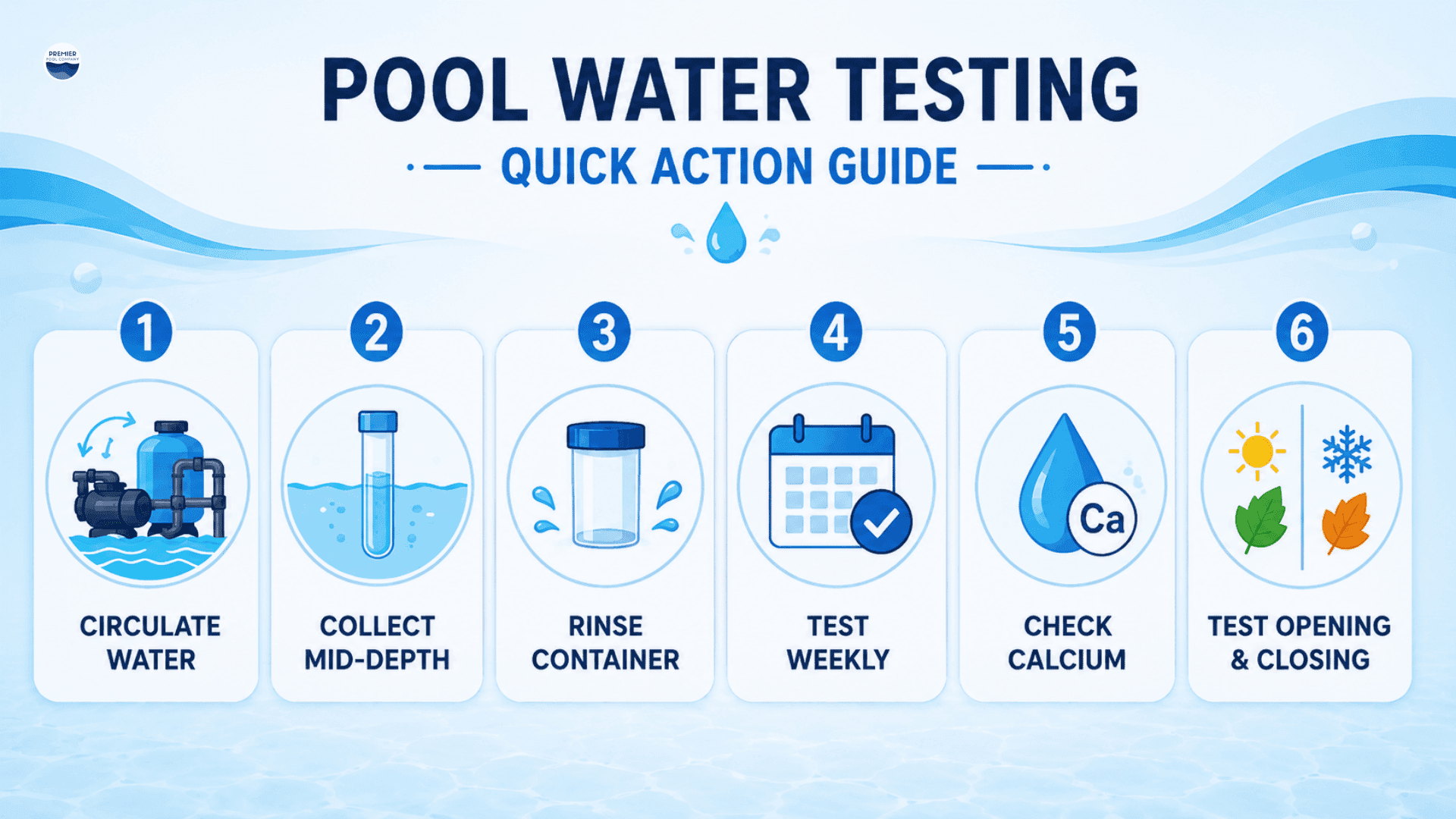 Pool water testing quick guide showing the main steps for accurate swimming pool chemistry testing