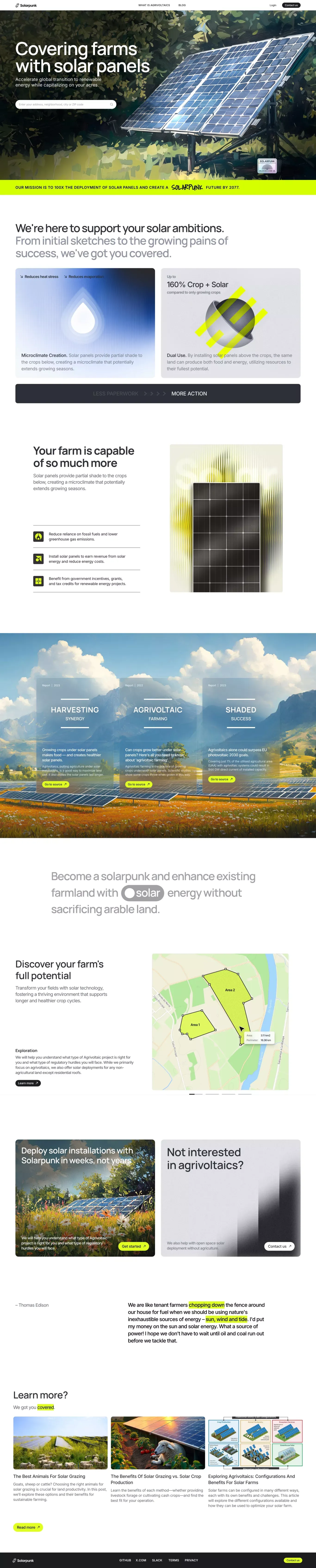 Covering farms with solar panels landing page screenshot showcasing Nature and Tech design