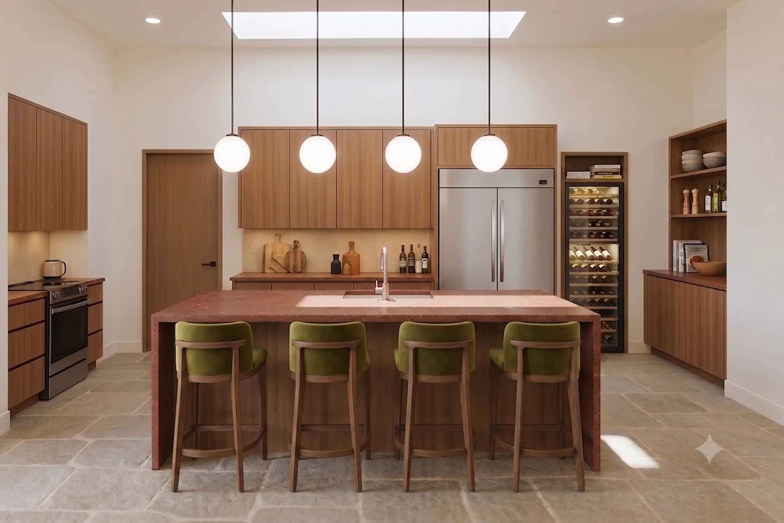 Modern kitchen with warm wood cabinetry, a large rust-colored stone island, matte black and olive green barstools, globe pendant lighting, and high-end stainless steel appliances including a built-in wine fridge.