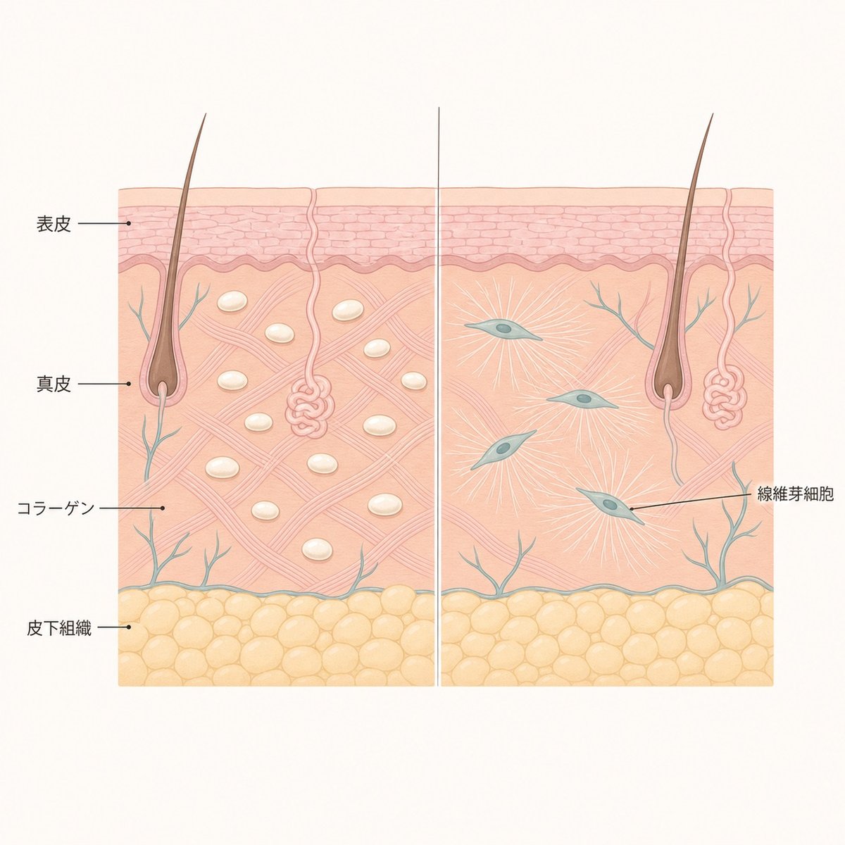 素材を補う発想と線維芽細胞を刺激する発想の違いを示した肌の断面イラスト