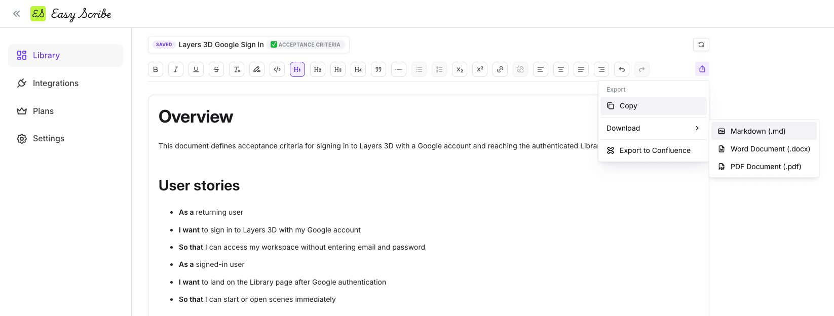 Easy Scribe export and share options