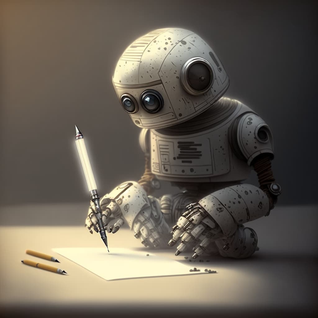A small robot writing a letter with a pen on a paper in a grey room