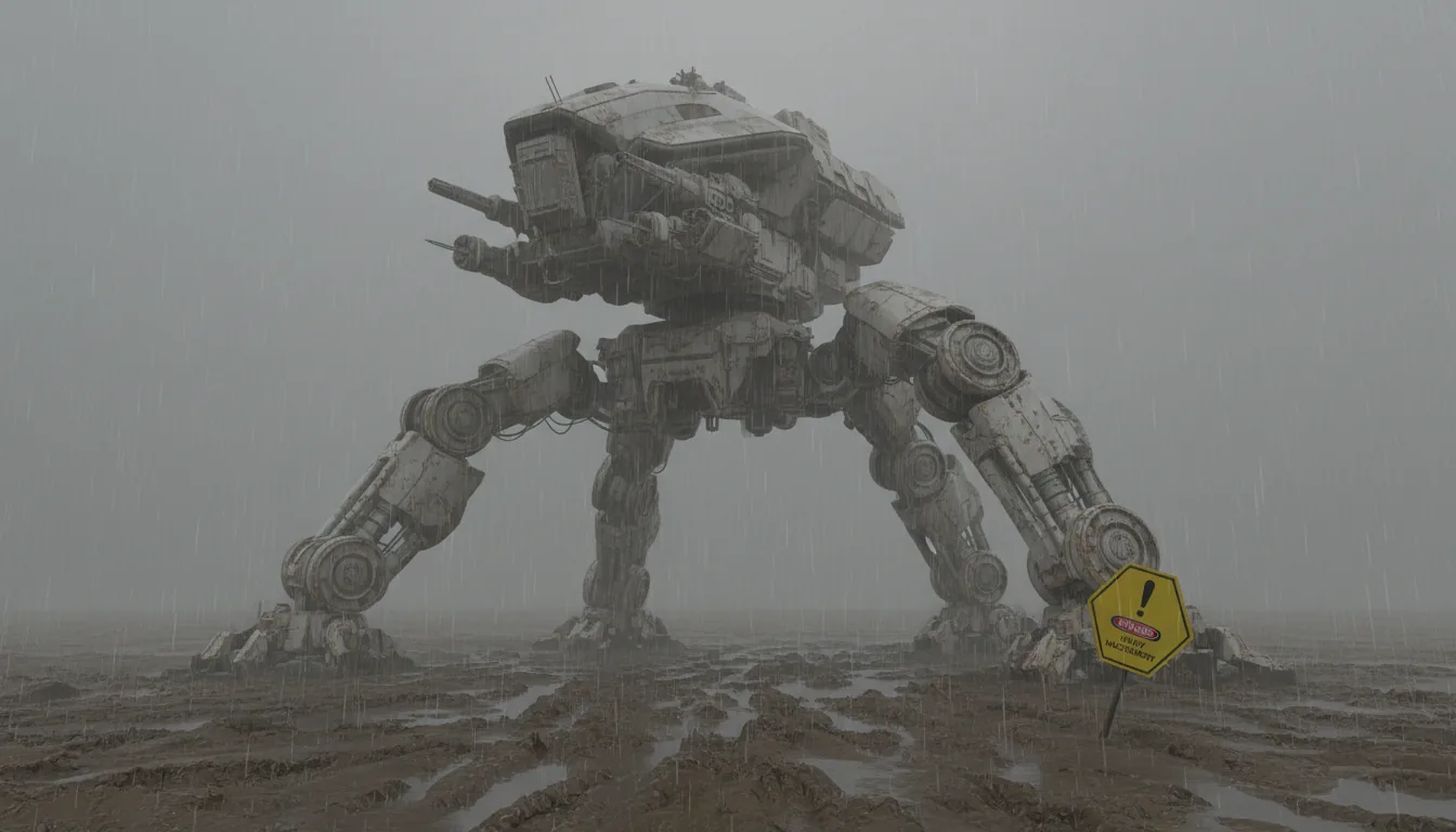 A low-angle 3D render of a colossal, multi-legged mecha walker in a desolate, muddy landscape, Blender style. The robot is a hard-surface industrial design with weathered white and grey painted metal plating and heavy mechanical joints. The scene is enveloped in heavy atmospheric fog and a visible downpour of rain, creating a bleak, dystopian mood. In the right foreground, a tilted yellow warning sign stands in the mud. The lighting is soft global illumination from an overcast, grey sky.