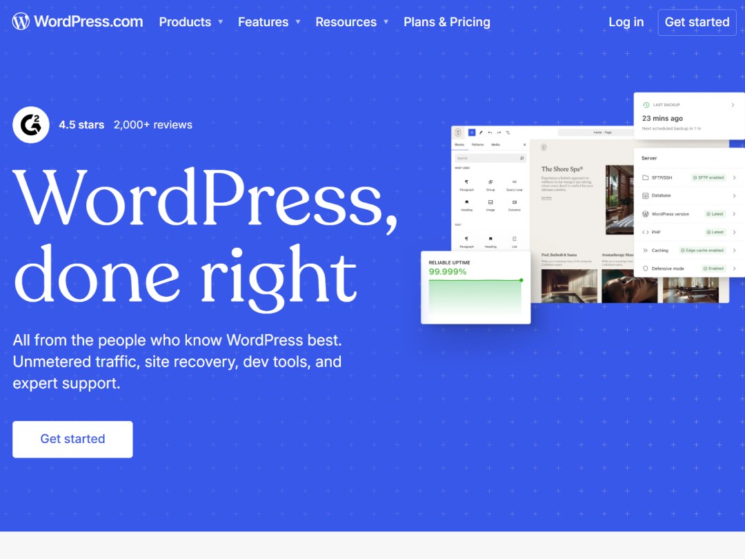 WordPress website hero section with a big headline on the left and screenshots of the builder on the right