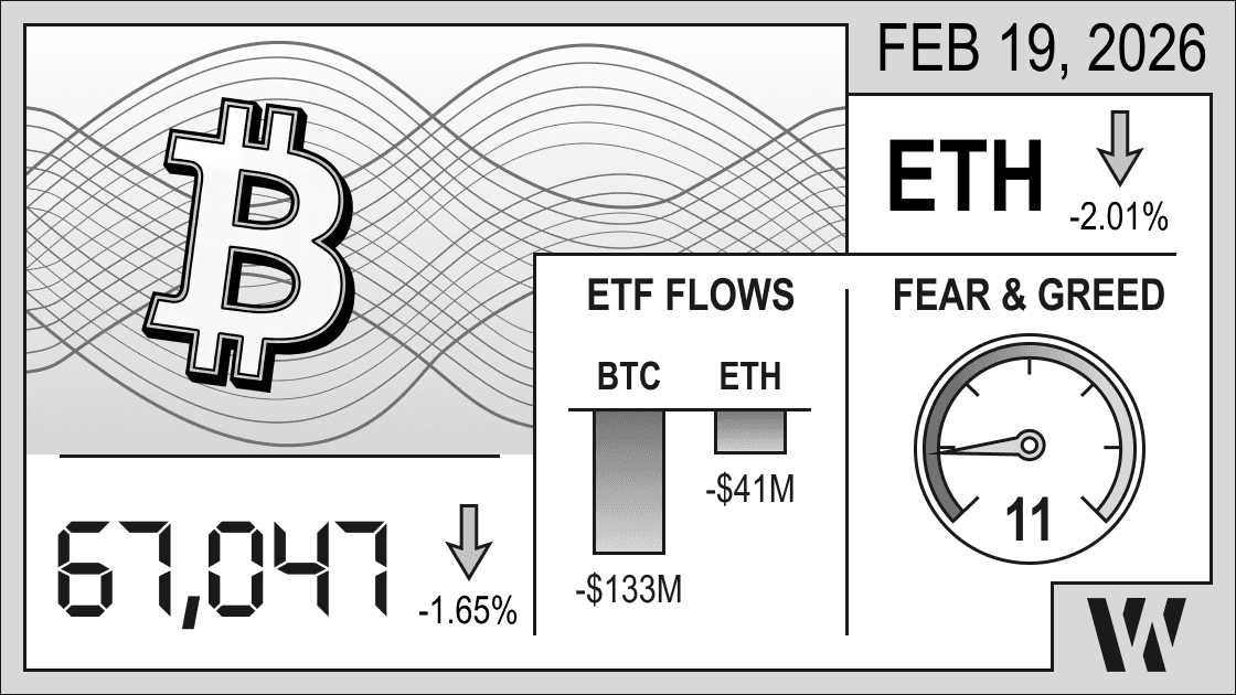 Feb 19, 2026 crypto snapshot – Bitcoin at 67,047 (–1.65%), Ethereum down –2.01%; ETF flows negative: BTC –$133M, ETH –$41M; Fear & Greed Index 11.