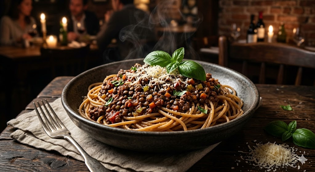 A steaming bowl of whole wheat spaghetti topped with a rich lentil and lean beef bolognese sauce, finished with a sprinkle of parmesan cheese and a fresh basil garnish. The dish is presented on a rustic wooden table with dark, moody restaurant lighting.